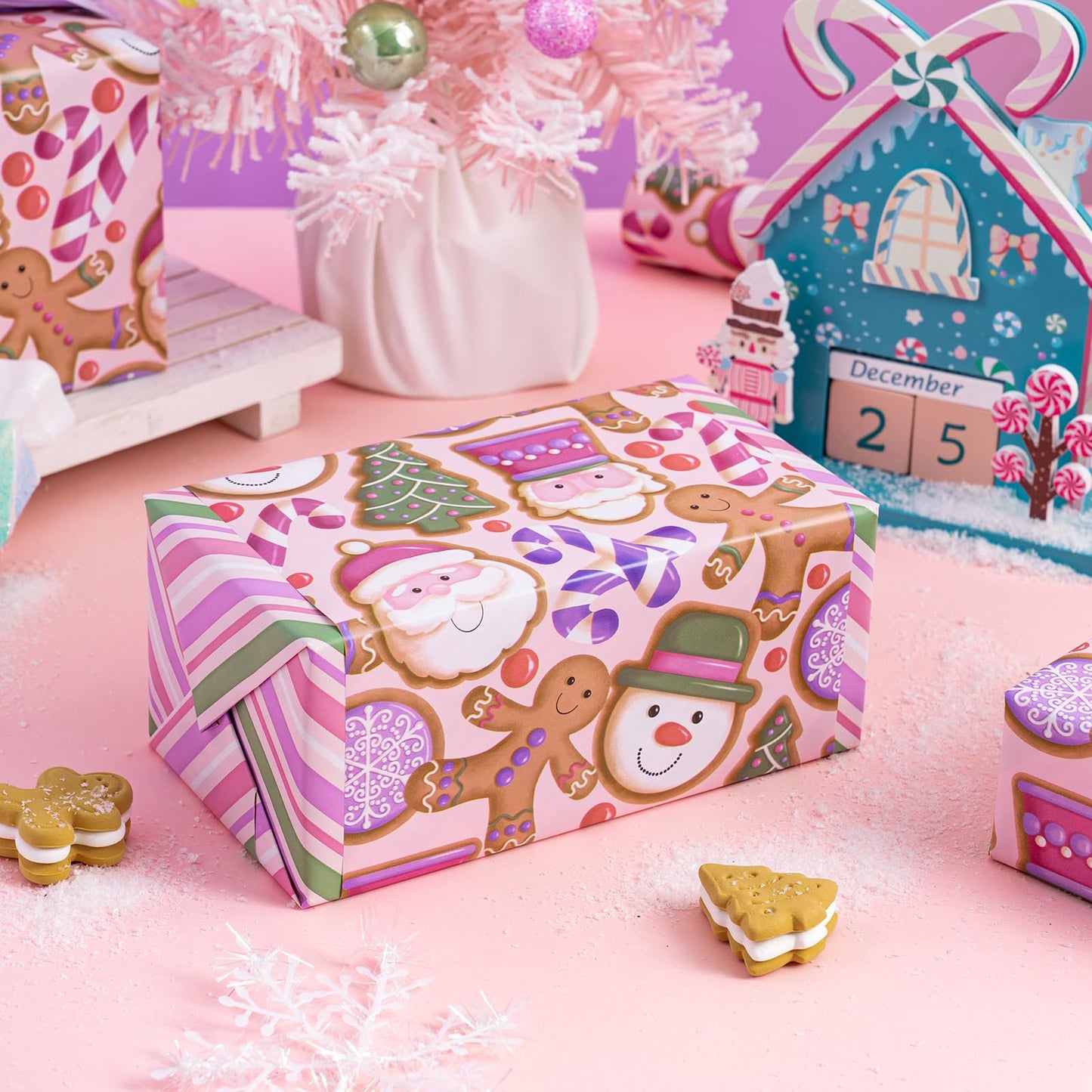 30 Inch Jumbo Reversible Gingerbread Christmas Wrapping Paper - 30 Inch x 33 Feet - Pink Purple Stripes and Gingerbread Wrapping Paper for Xmas Holiday, Party Celebration