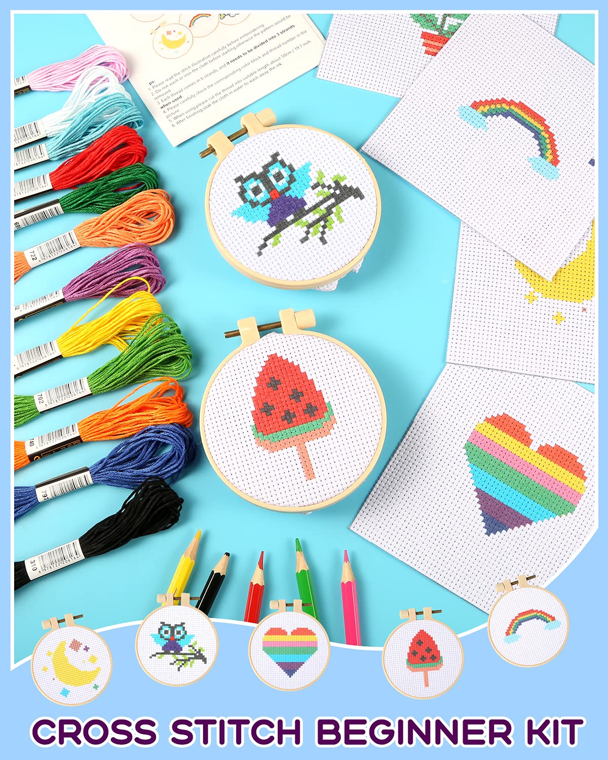Pllieay Cross Stitch Beginner Kit for Kids 7-13, Includes 6pcs Project Cross Stitch Pattern and 2pcs Hoops, 12 Skeins, Needle Point Starter Kit Sewing Set with Instructions for Christmas Gift