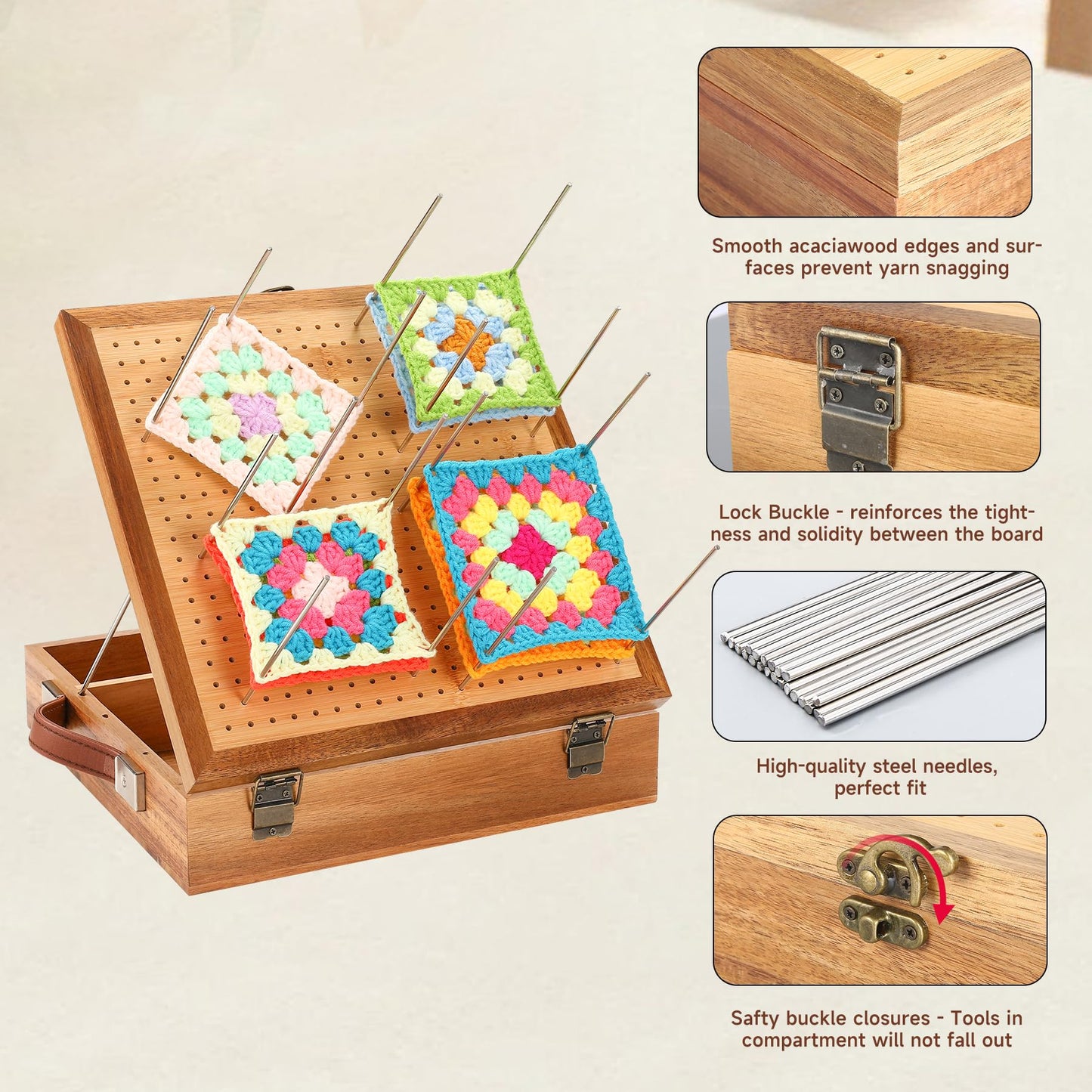 12.0" Crochet Blocking Board with Gift Box & Storage Drawer, Acacia & Bamboo Blocking Boards for Crochet Projects, Granny Square Blocking Board, Crocheting Accessories Gift for Grandmothers Crocheters