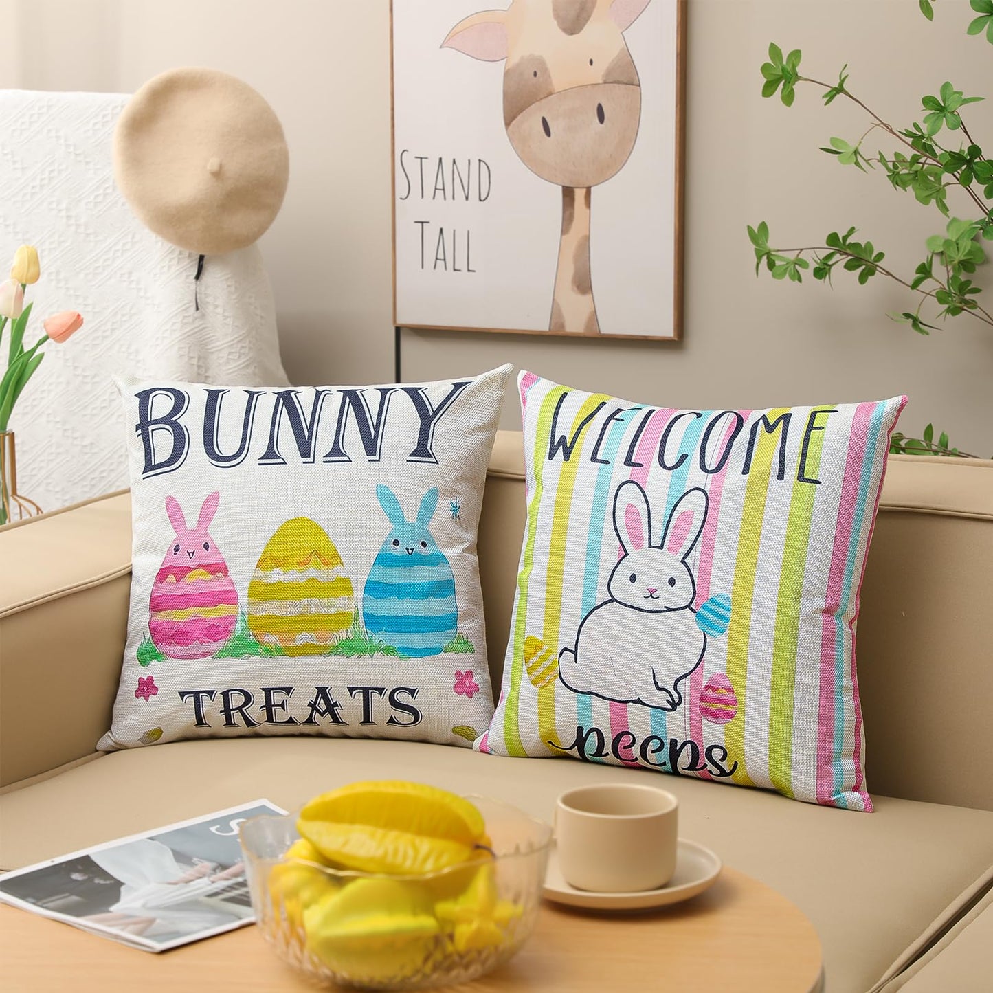 Easter Pillow Covers 18 x 18 Inch,Easter Decorations for Home,Set of 4 Happy Easter Hunny Bunny Pink Blue Decorative Throw Pillow Covers Spring Farmhouse Decor