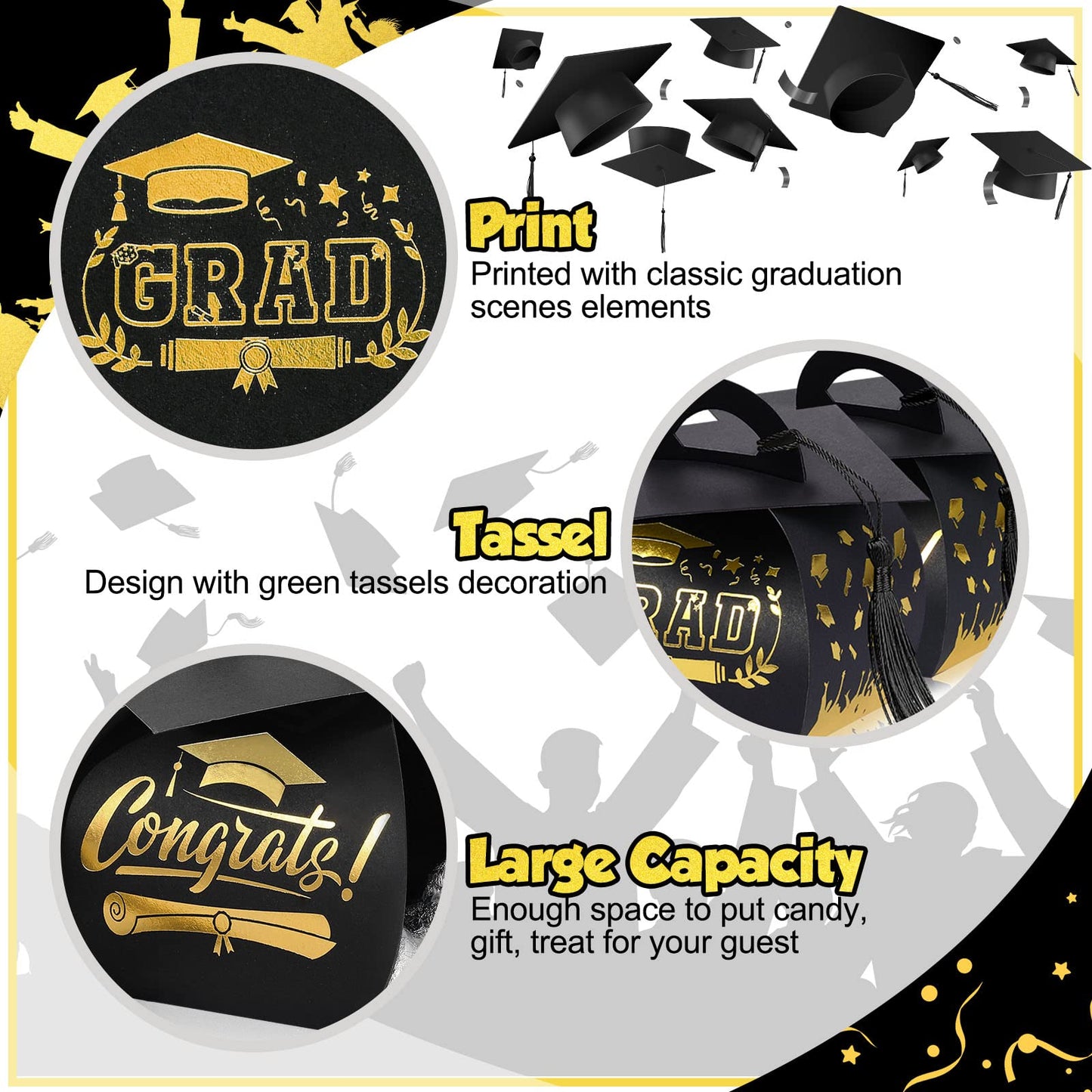 TaoBary 30 Pcs Graduation Cap Gift Boxes Graduation Decorations Class of 2026 Candy Box with Tassel for 2026 Grad Party Favors Supplies(Black, Gold)