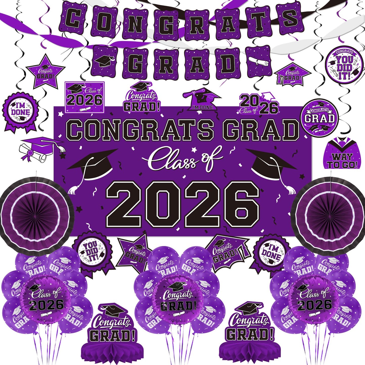 Purple Themed 2026 Graduation Decorations Set - Congrats Grad Banner, Class of 2026 Backdrop, Balloons & Streamers Kit - Complete Party Supplies for High School & College Celebrations