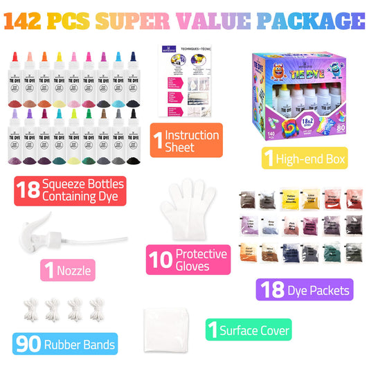 Tie Dye Kit, Tie Dye Set for Kids, 18 Vibrant Colors Pre-Filled Tye Dye Bottles, Non Toxic Permanent Fabric Dye Art Set, Easy DIY Fabric Art - Create Fun