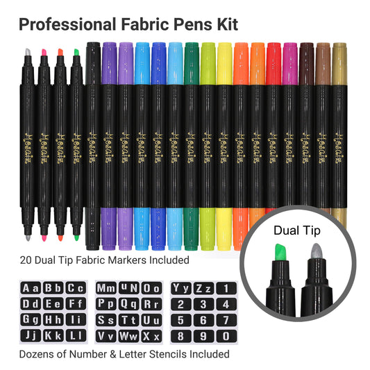 Dual Tip Fabric Markers, 20 Chisel and Fine Tip Markers Fabric Paint Pens for Fabric Decorating with Gold and Silver Colors including Numbers and Letter Stencils