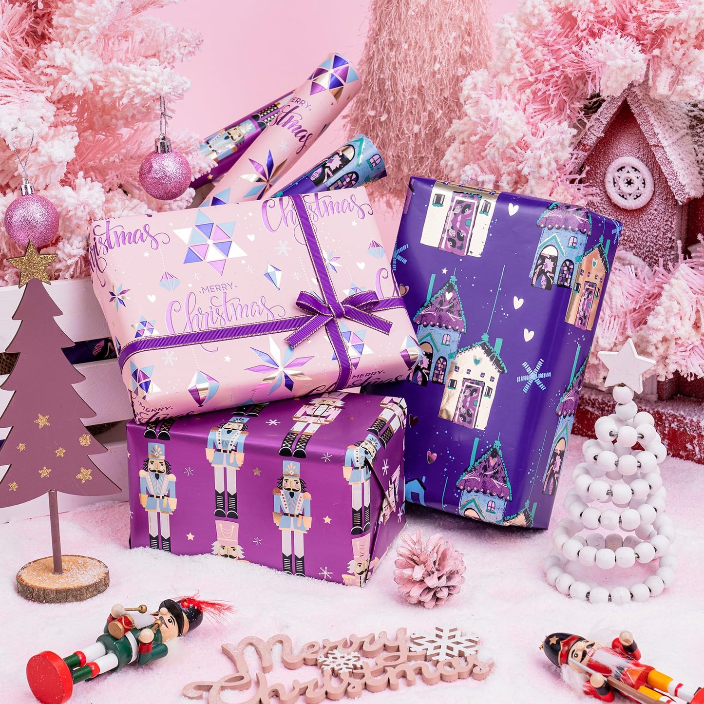 Christmas Wrapping Paper Roll - Mini Roll - 3 Rolls - 17 Inch X 120 Inch Per Roll - Pink and Purple Nutcracker, House Holiday Collection with Metallic Foil Shine
