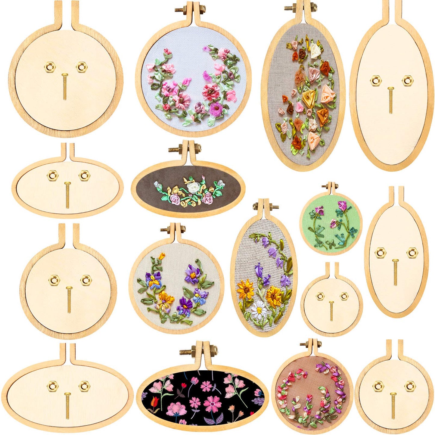Mini Embroidery Hoop Wooden Mini Stitch Hoop Ring for DIY Pendant Crafts, Round, Oval Vertical, Oval Horizontal(16 Sets)