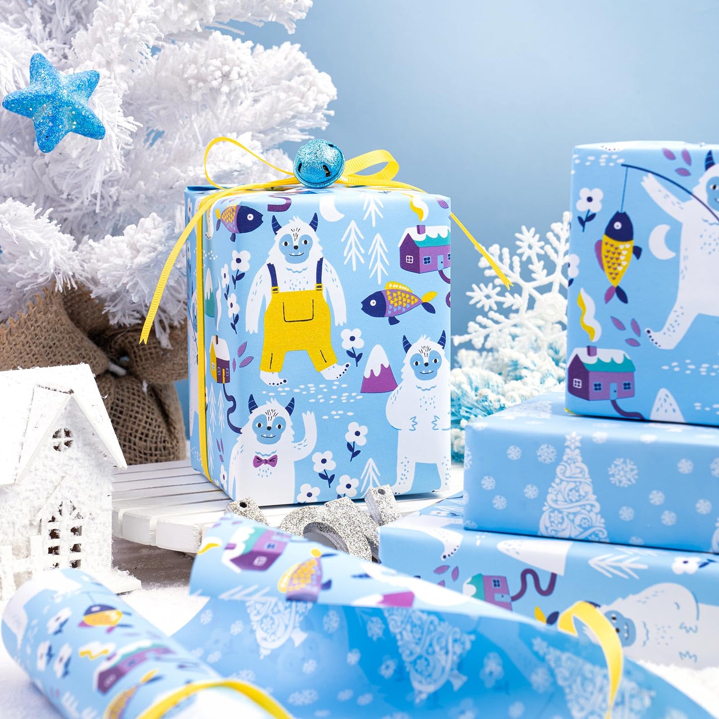 Reversible Christmas Wrapping Paper - Mini Roll - 17 Inch x 33 Feet - Winter Snow Monster and Christmas Tree Wrapping Paper for Xmas Holiday, Party Celebration