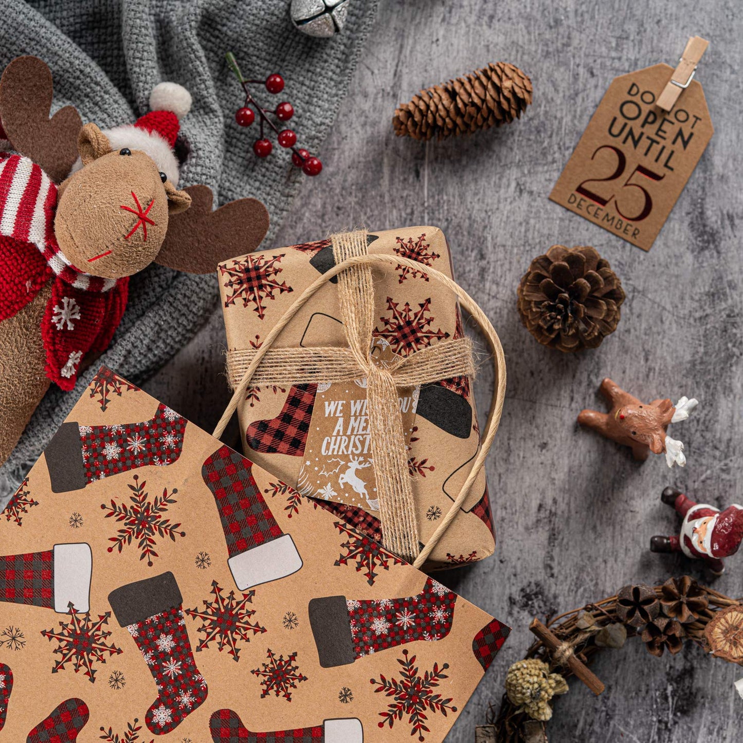 Christmas Wrapping Paper, Kraft Paper - Red and Green Plaids Style Designs - 4 Rolls - 30 inches x 10 feet per Roll