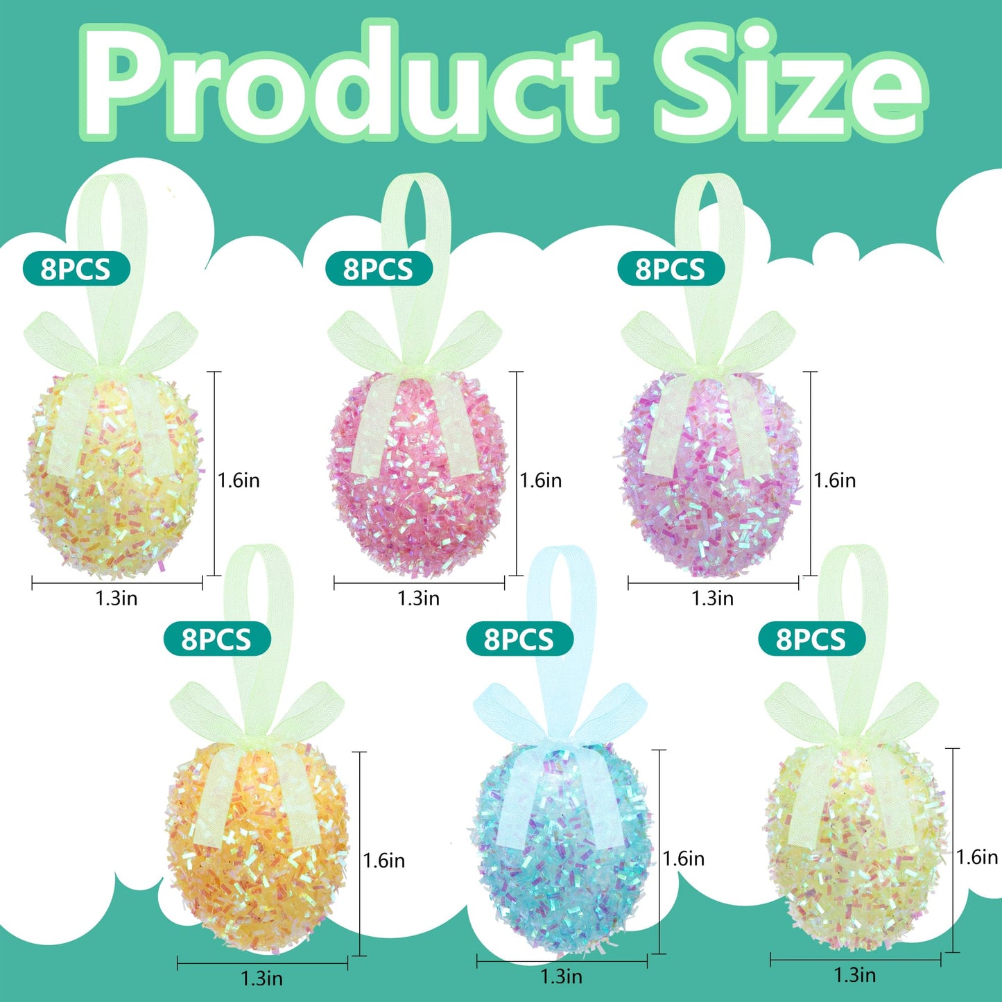48 Pcs Easter Glitter Hanging Eggs, Shiny Tinsel Easter Egg Ornaments, Spring Foam Egg Hanging Decoration for Home Holiday Party Celebrations Tree Wall DIY Craft Decoration (1.3'' x 1.6'')