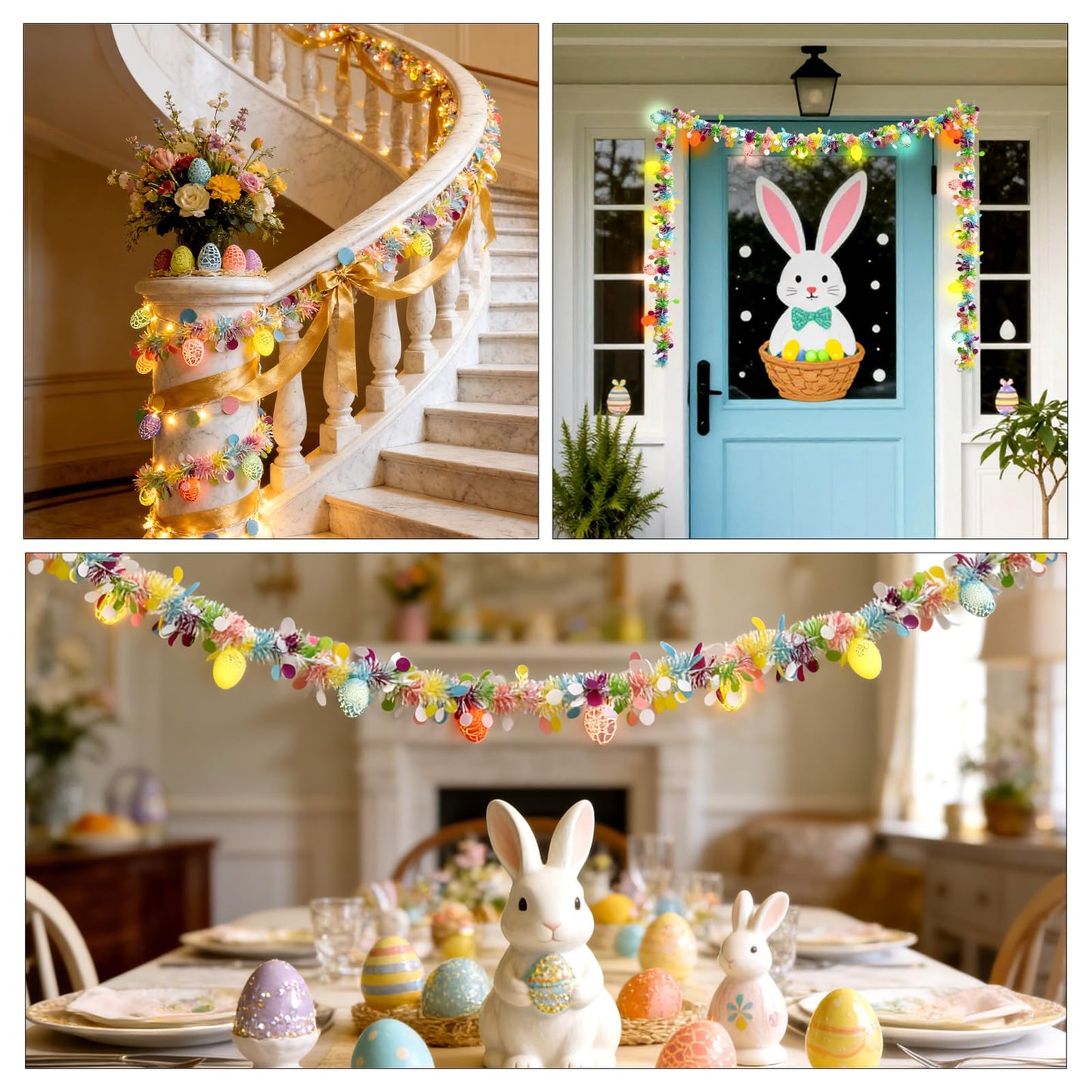 8.5Ft Easter Garland Lights with 10L LED Easter Egg String Lights Plug in and Pastel Tinsel Spring Garland Decorations for Indoor Holiday Home Bedroom Classroom Easter Decor