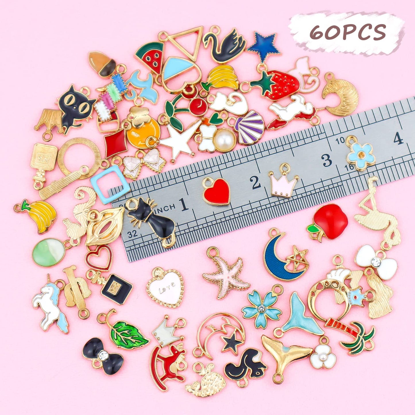 JIALEEY 60PCS Assorted Gold Plated Enamel Animal Moon Star Fruit Charm Pendant DIY for Necklace Bracelet Jewelry Making and Crafting