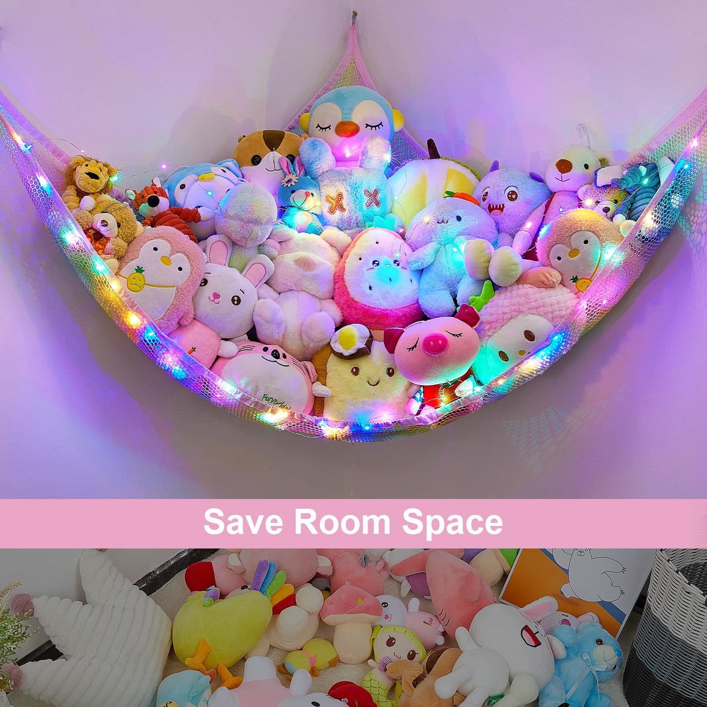 Castle Stuffed Animals Net or Hammock Kids Toy Storage Organizer with LED Light Hanging Corner Stuffed Animals Holder Kids Girls Room Decor(Pack of 1)