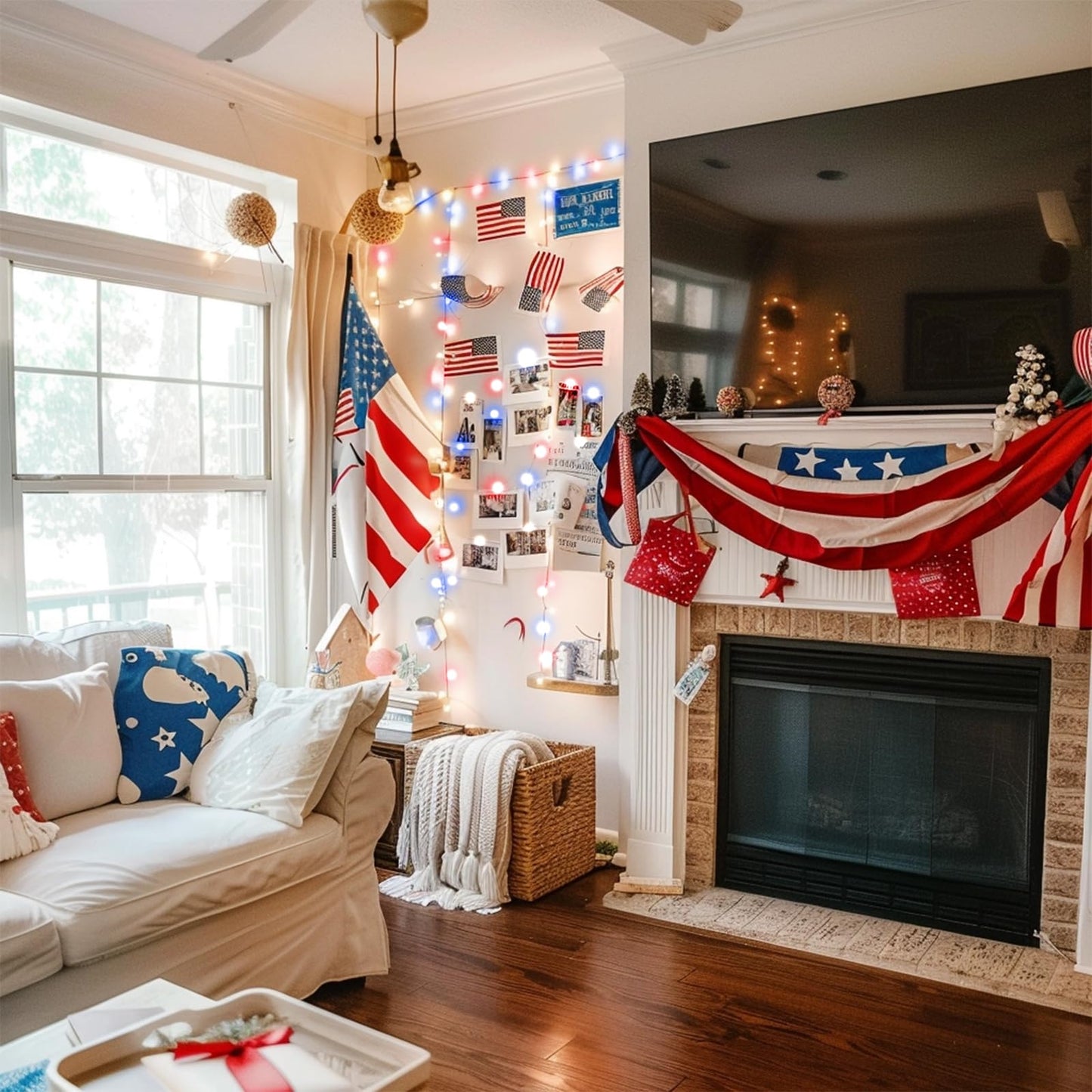 4th of July Red White Blue 100 LED 50 Photo Clips String Lights Holder 33FT Starry Fairy Lights for Hanging Pictures Cards Memos USB Powered with Switch Perfect for Bedroom Dorm Christmas Decor