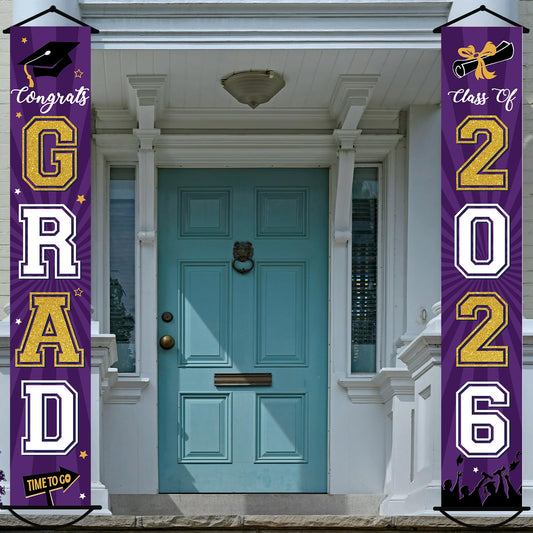 2026 Graduation Banner Class of 2026 Congrats Grad Porch Sign Party Decorations Supplies Welcome Hanging Door Decor for Indoor Outdoor(Purple)