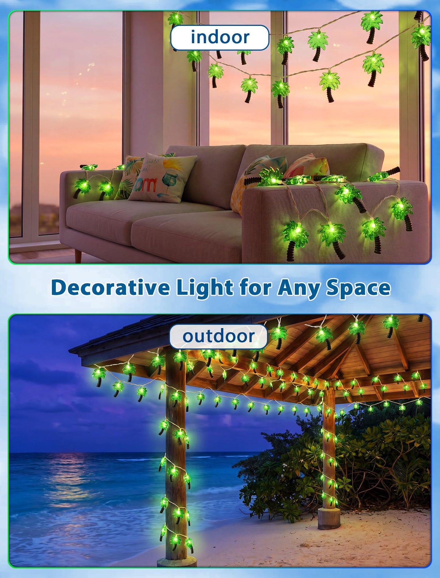 8.5Ft Palm Tree String Lights Outdoor, Waterproof Patio Palm Tree Lights String with 10 Mini Incandescent Lights, Summer Beach Theme String Lights for Indoor Bedroom Christmas Party Decor, White Wire