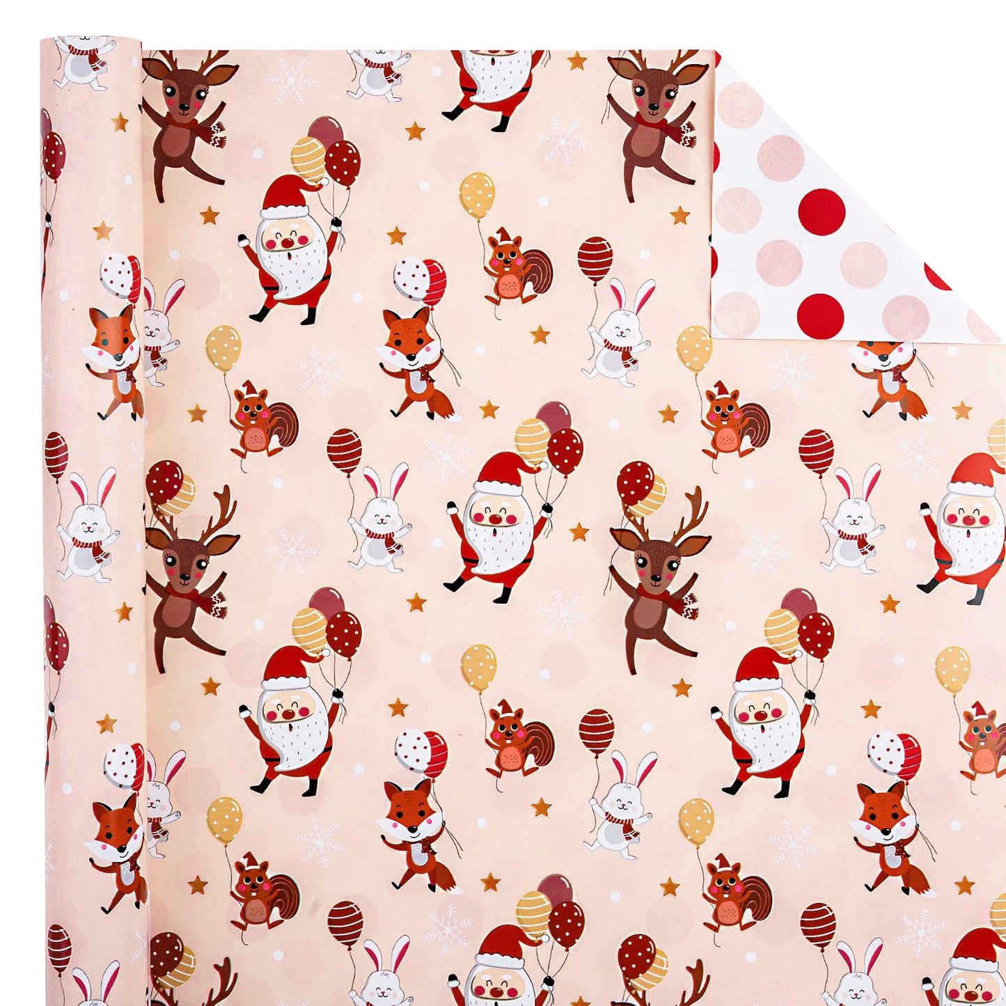 Reversible Christmas Wrapping Paper - Mini Roll - 17 Inch x 33 Feet - Red and Pink Dancing Santa Claus Reindeer and Colorful Polka Dots Design for Christmas, Holiday, Party