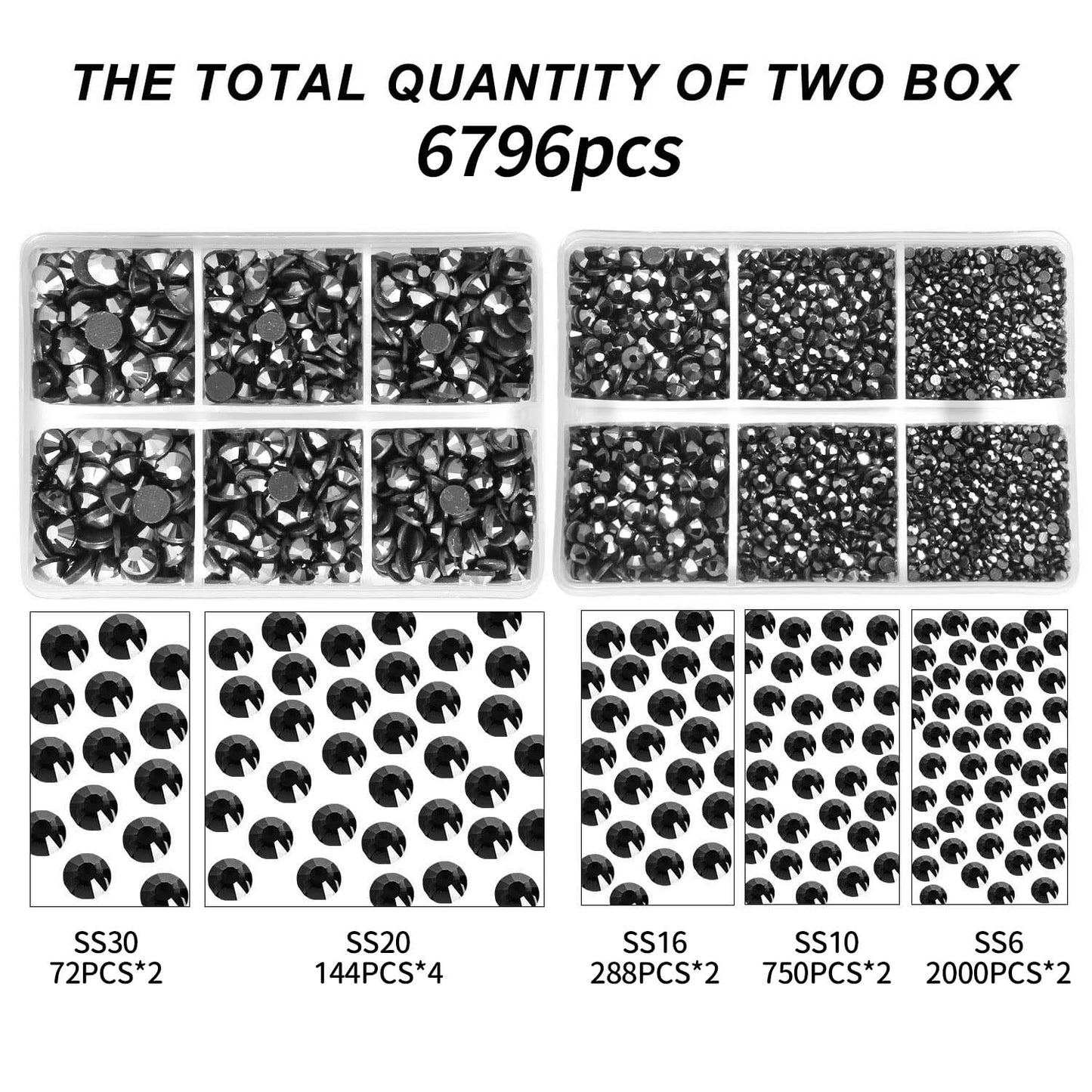 MEIBITE 6796PCS Shiny Black Hotfix Rhinestones Crystal Stones Glass for Fabric Clothes Shirts Sparkly Flat Back Round with Tweezers and Picking Pen (SS6~SS30 Set)