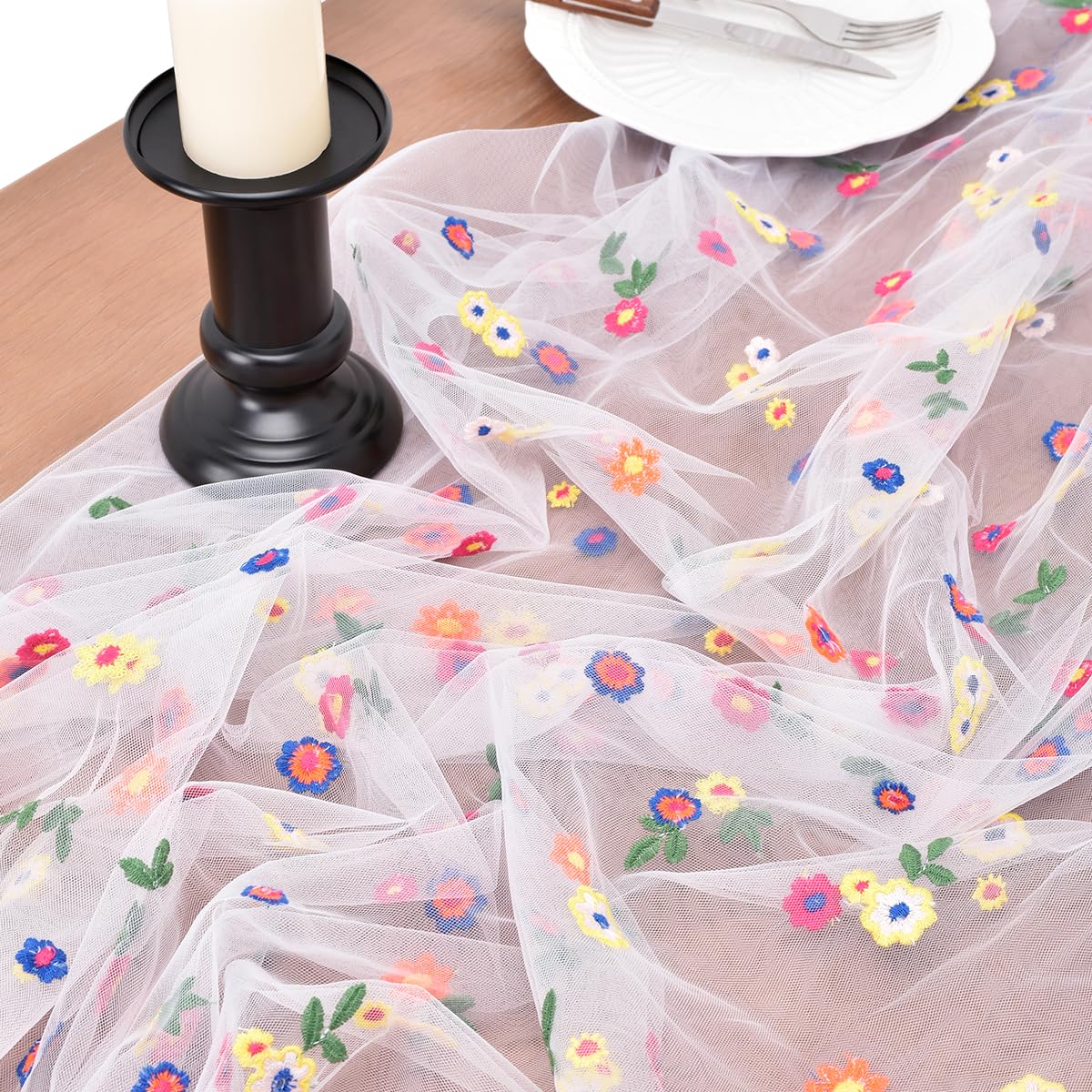 Ivory Embroidery Daisy Spring Summer Table Runner 10ft Florals Seasonal Easter Tulle Table Runner Holiday Kitchen Dining Table Decoration for Home Party Indoor