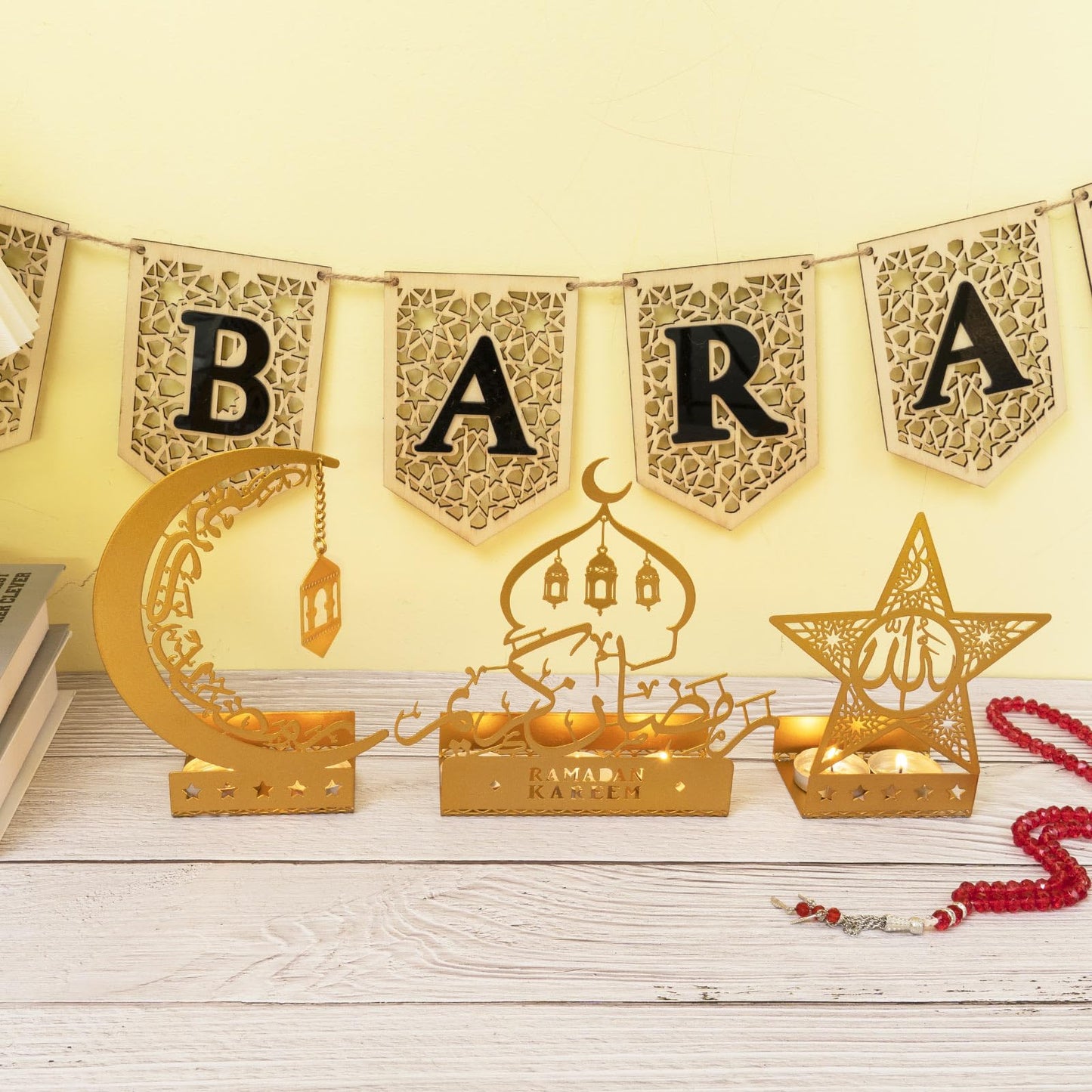 Ramadan Decorations for Home 2026 Eid Mubarak Metal Kareem Signs Islamic Muslim Mosque Arabic Stand Gold Allah Indoor Table Top Centerpiece Decor Gifts