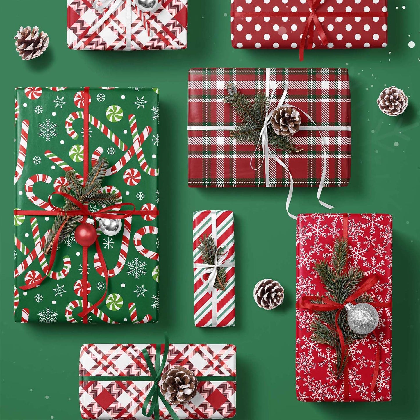 Reversible Green Christmas Wrapping Paper Roll, Classic Candy Cane & Red Striped Gift Wrap for Christmas, Holiday, Winter Party, 17 Inch x 33 Feet