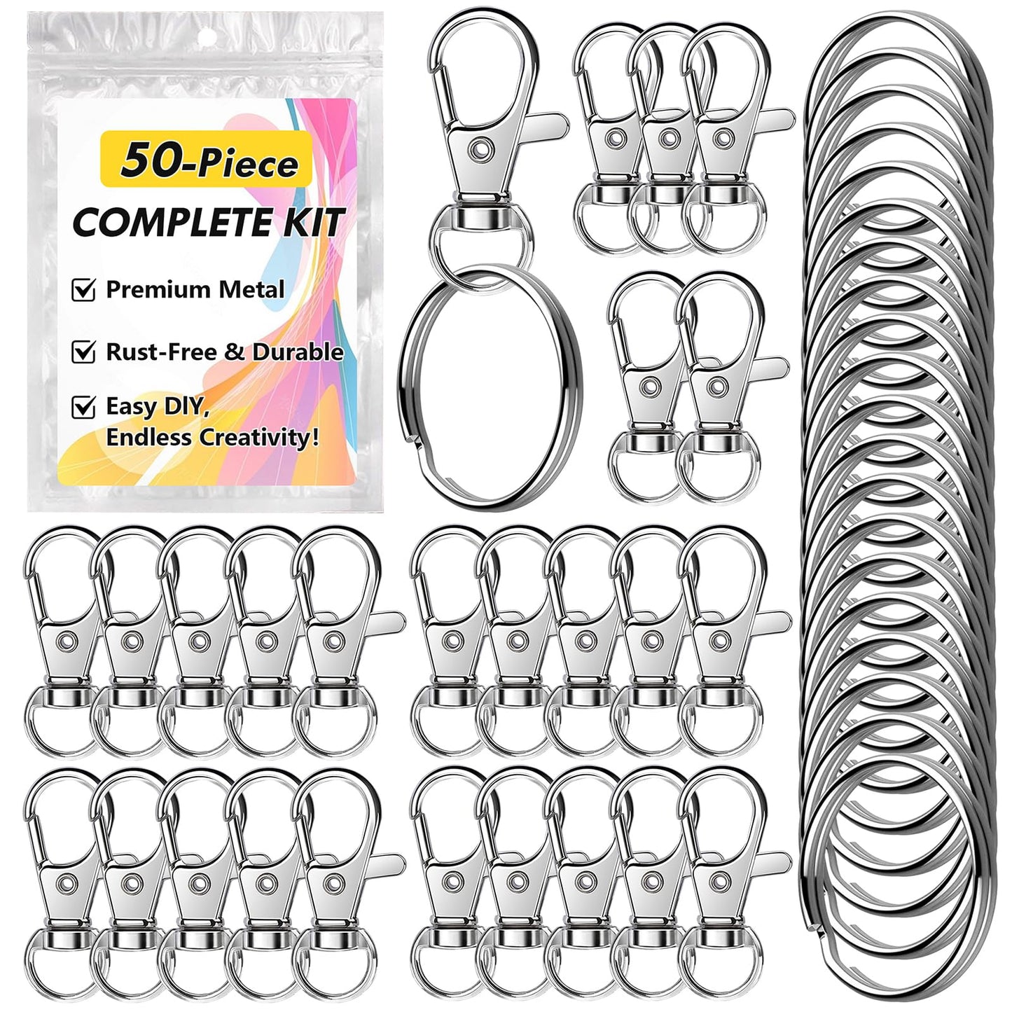 Bonison 50 PCS Keychain Making Kit with Lobster Claw Clasps & Key Rings – Keychain Clip with Key Ring Craft Supplies for DIY Keychains, Jewelry & Lanyard Projects