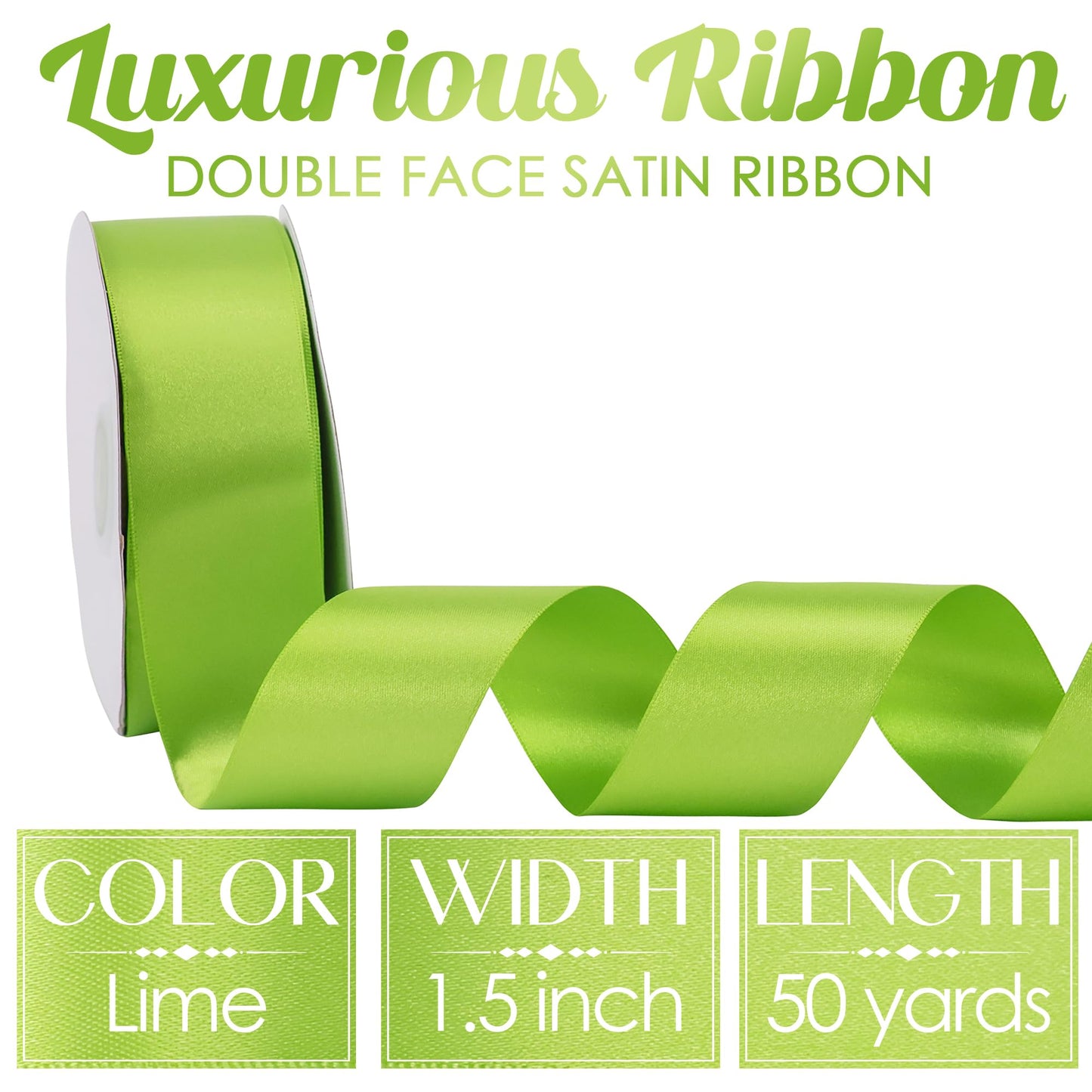 Lime Satin Ribbon 1-1/2 inch Lime Ribbon Double Faced Satin Ribbon by 50 Yards Lime Green Ribbon for Christmas Tree, Wreaths, Crafts, Satin Weddings, Flower Bouquet, Holiday Decorating