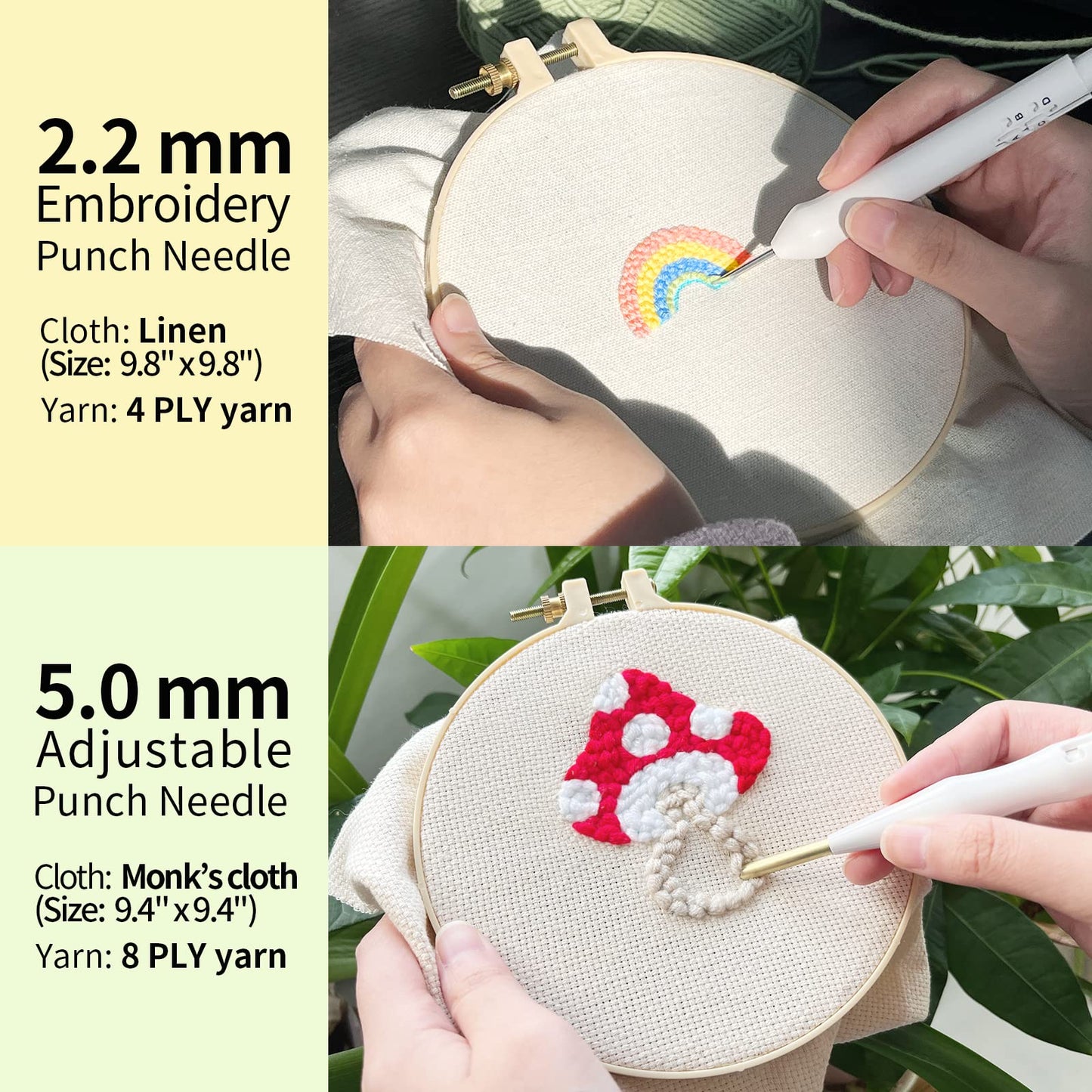 HAND U JOURNEY Embroidery Punch Rug Punch Beginner Kit, 2 Different Adjustable Punch Needle Tool with 9"x9" Monk's Cloth and Pita Cloth