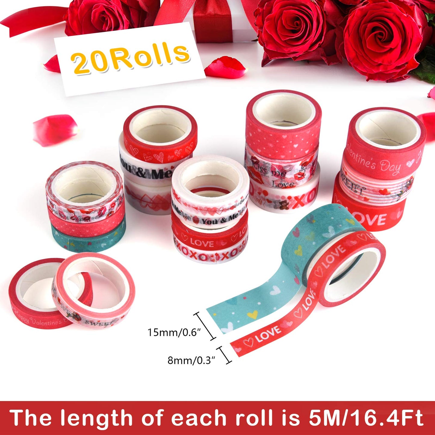 20 Rolls Valentines Washi Tape Set, Pink Heart Washi Tape 8MM/15MM Wide Love Craft Tape Valentines Gift Wrapping Tape for DIY Valentine's Day Greeting Card, Holiday Party Supplies
