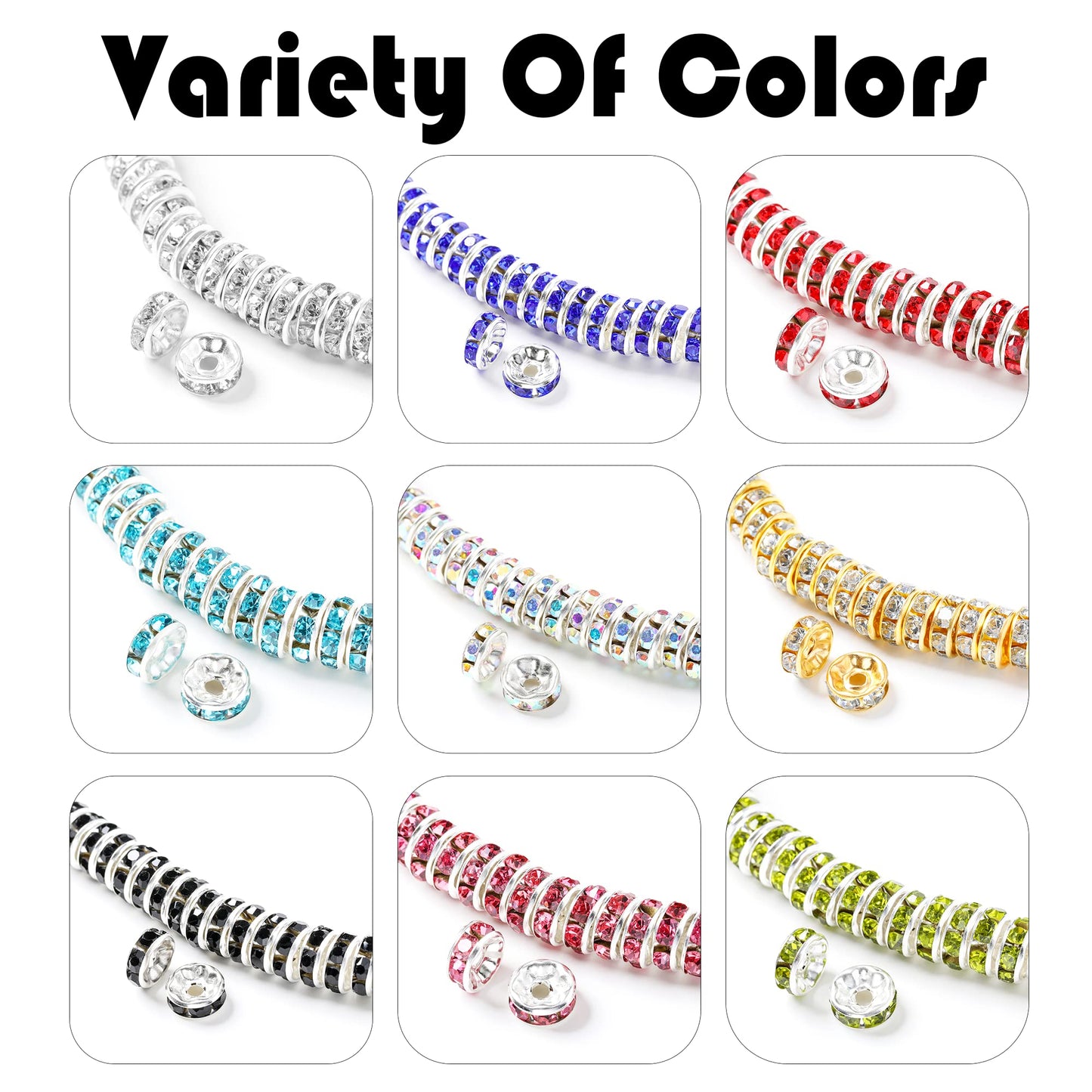 1080Pcs 8mm Rhinestone Spacer Beads, Crystal Glass Beads, Spacer Beads for Jewelry Making, Beads for Jewelry Making Necklaces, Bracelet Pendants, 9 Colors