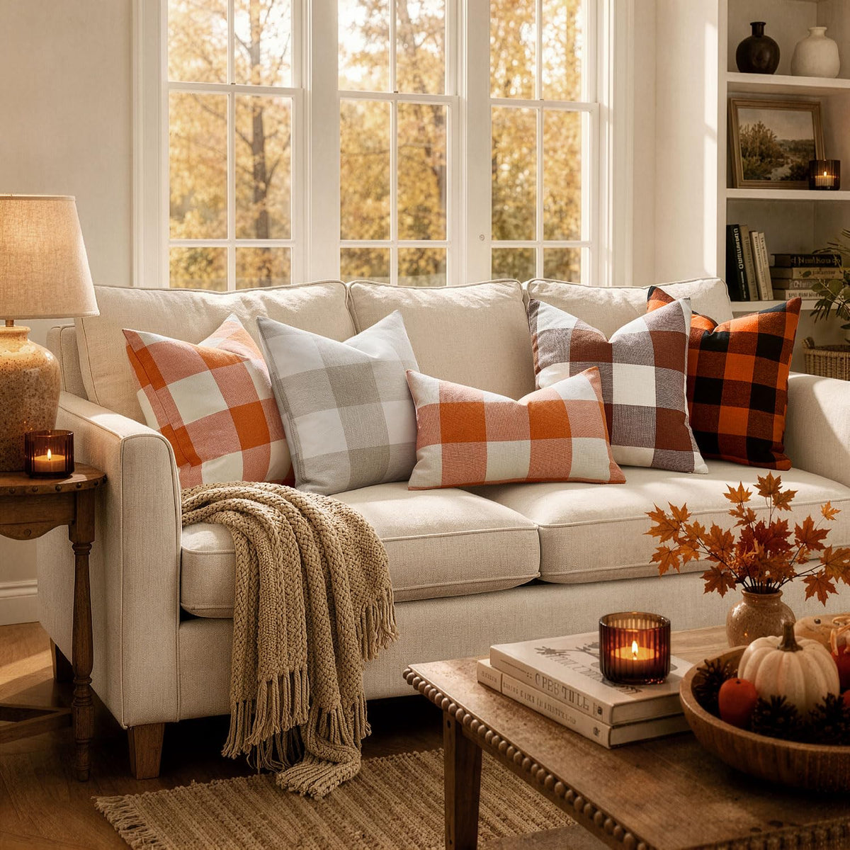 MIULEE Fall Plaid Pillow Covers 18x18 Orange and White Pack of 2