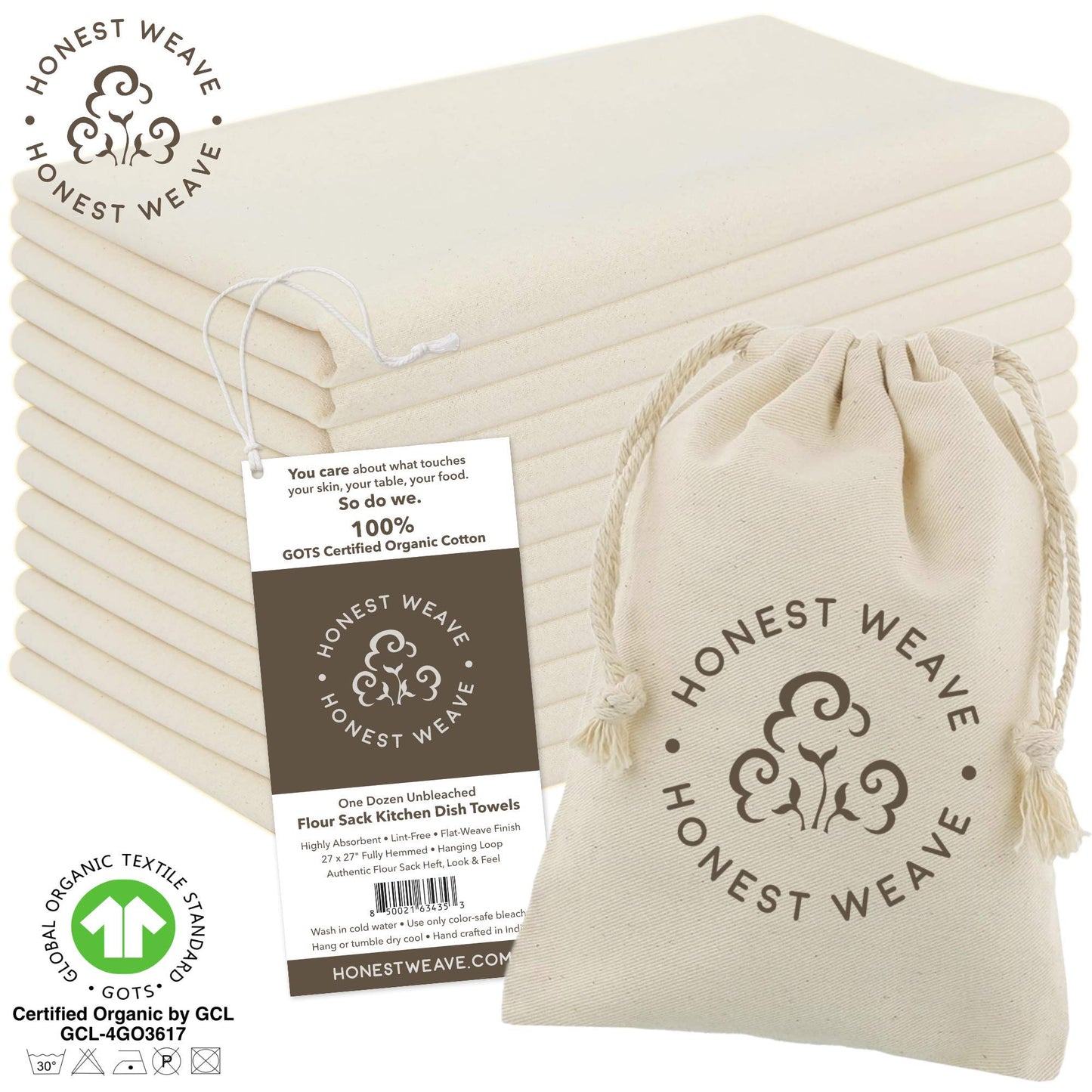 Organic Flour Sack Cotton Kitchen Hand and Dish Towel Sets - Extra Large 27x27 inches, Fully Hemmed, 12-Pack, Natural Tan