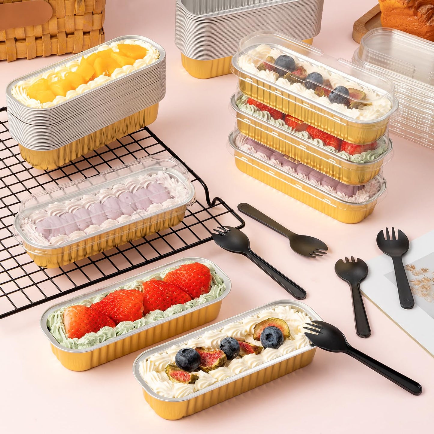 FFNIU 60Pcs Mini Loaf Pans with Lids and Spoons, Aluminum Foil Baking Pans, Rectangle Mini Cake Pan, Brownie Baking Cups for Picnics Party (Gold)