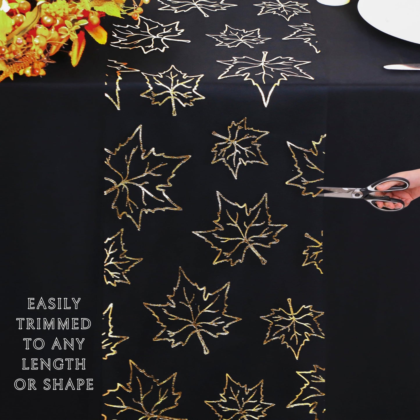 Fall Table Runners, Gold Maple Leaves Thanksgiving Table Decorations for Autumn Harvest Sequin Glitter Lightweight Black Thin Mesh Sparkle Farmhouse Dining Party Decor 120 Inch