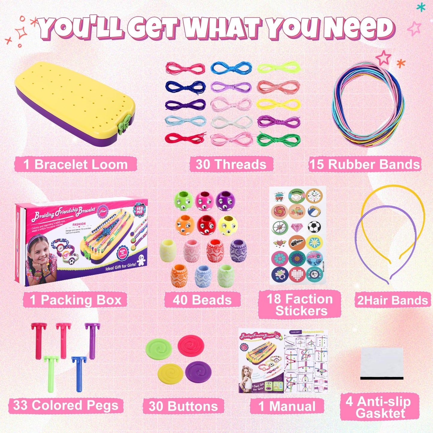 Bracelet Making Kit for Girls 6-12, Friendship Bracelet Beads Elastic String DIY Arts & Crafts Bulk Toy Set, Jewelry Maker Tool, Popular Christmas Birthday Gifts for Kids Ages 7 8 9 10 11 (169PCS)
