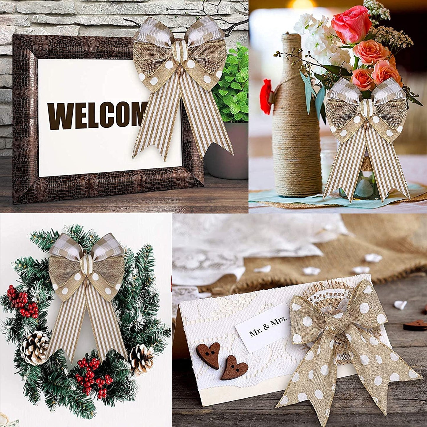 OZXCHIXU 4 Rolls Burlap Fabric Ribbon Burlap Wired Edge Ribbon White Dot Plaid Stripe Ribbon Rustic Christmas Crafts Ribbon for DIY Present Wrapping Wreath Floral Bow Craft Decor,2.5Inch x 24Yards