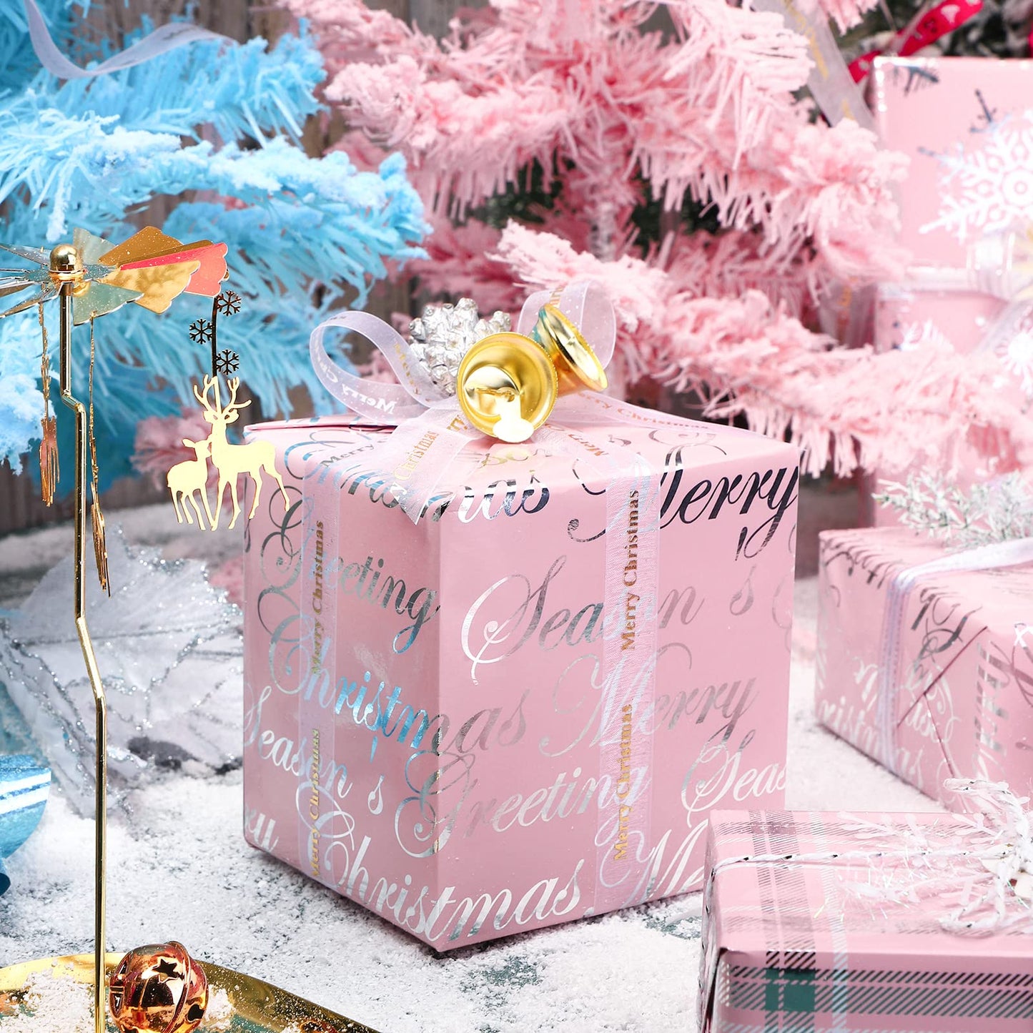 Christmas Wrapping Paper Roll - Mini Roll - 3 Rolls - 17 Inch X 120 Inch Per Roll - Pink with Silver Metallic Foil Snowflake, Plaid, Merry Christmas Lettering
