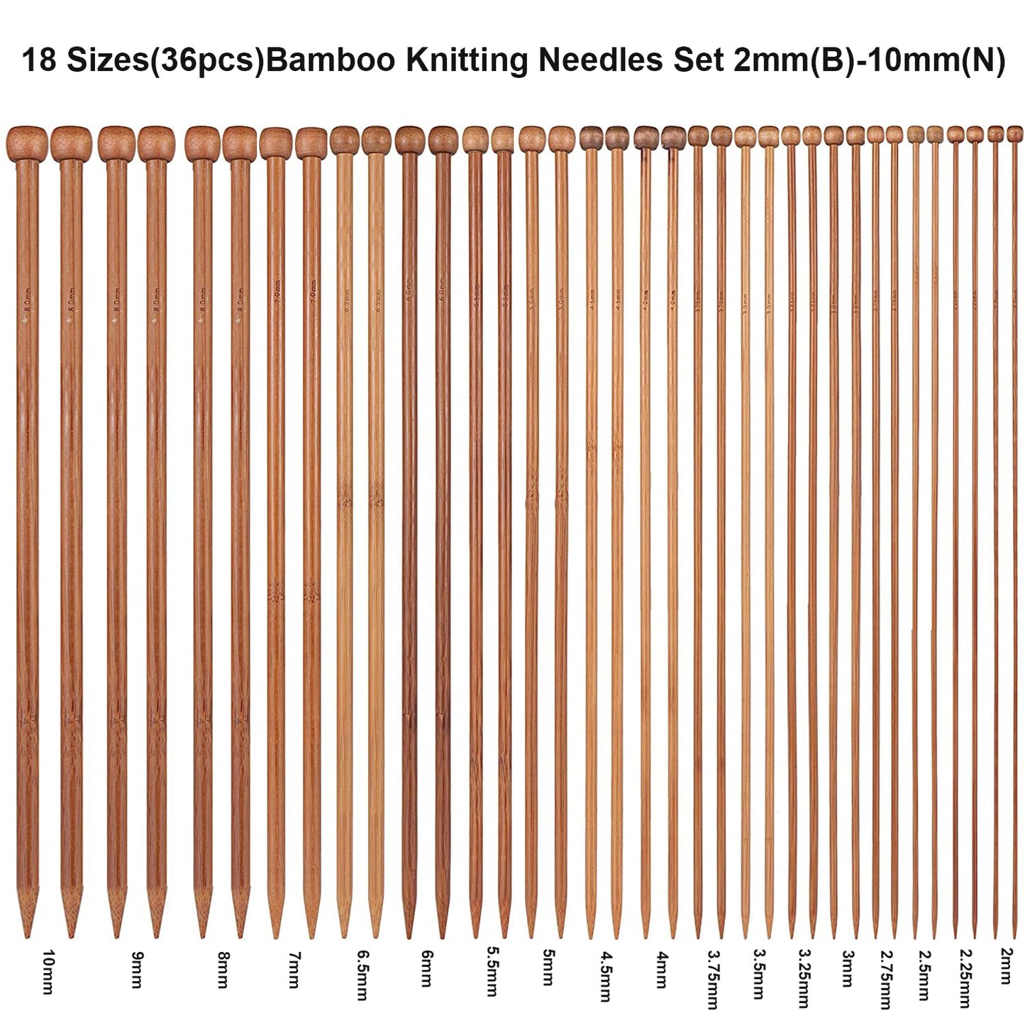 Bamboo Knitting Needle Set with Case 36pcs Straight Single Pointed Kniting Needles 13.5inch Length Sweater Needles for DIY Knitting Projects(2mm-10mm) Knitting Set with Accessories