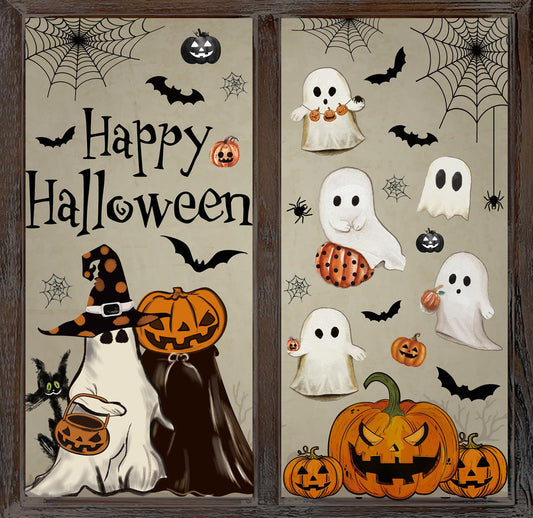 6 Sheets Halloween Window Clings Vintage Ghost Evil Pumpkin Bat Reusable Window Decals for Halloween Fall Party Supplies Home Glass Decor