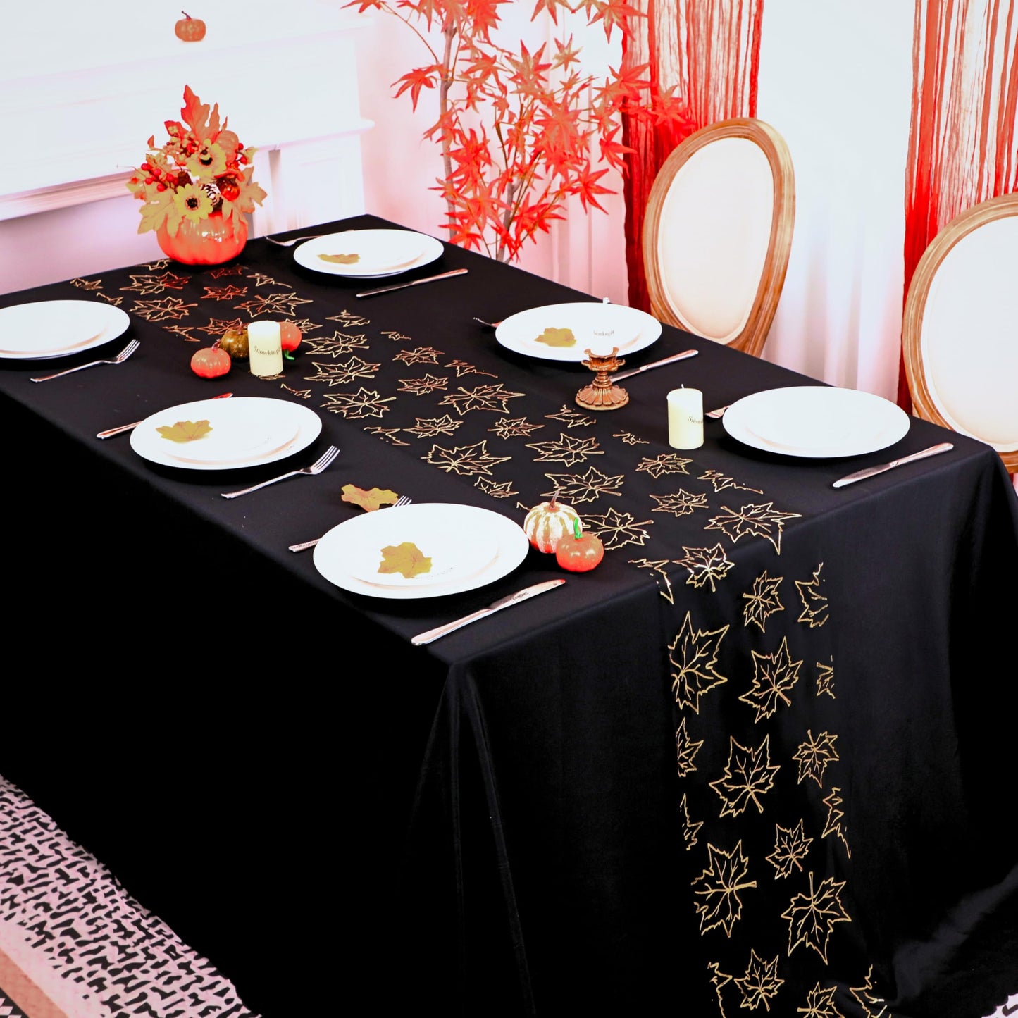 Fall Table Runners, Gold Maple Leaves Thanksgiving Table Decorations for Autumn Harvest Sequin Glitter Lightweight Black Thin Mesh Sparkle Farmhouse Dining Party Decor 120 Inch