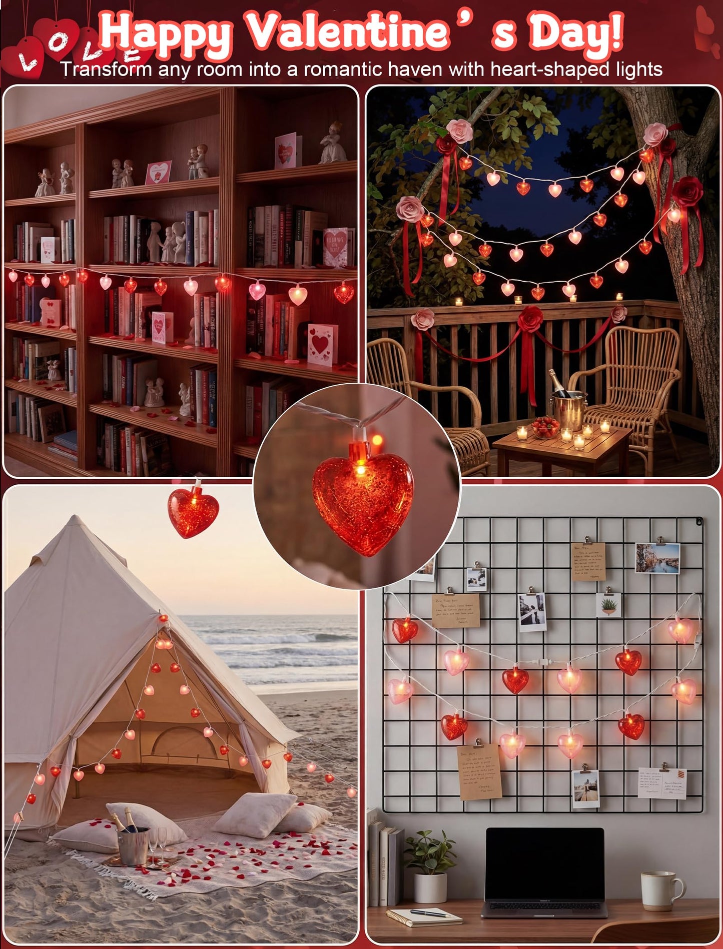 8.5 Ft Heart String Lights, Valentines Day Decorations Lights with 10 LED Glitter Red Pink Heart Lights, Plug in Fairy String Lights for Wedding Anniversary Party Valentine's Day