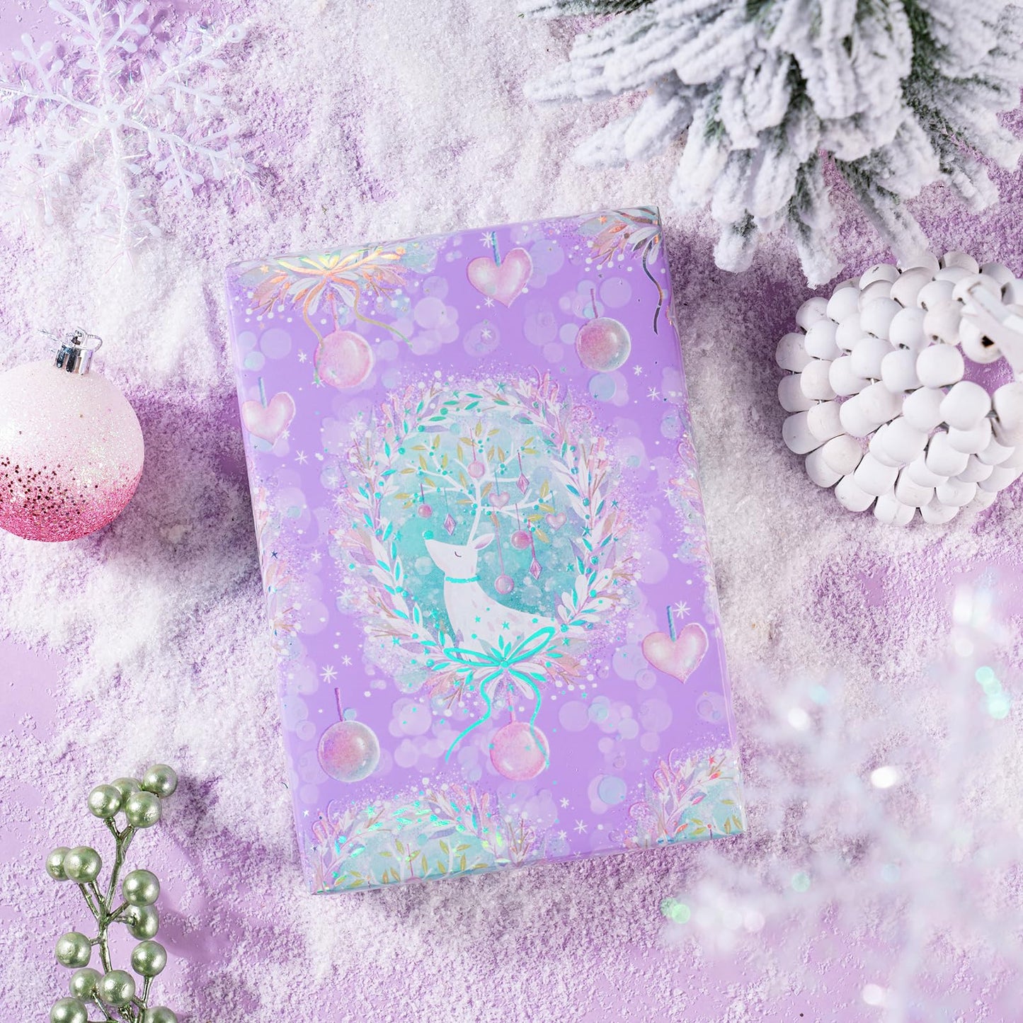 Christmas Wrapping Paper Roll - Mini Roll - 3 Rolls - 17 Inch x 120 Inch Per Roll - Girls Christmas Wrapping Paper - Pastel Purple Holiday Design with Metallic Foil Shine