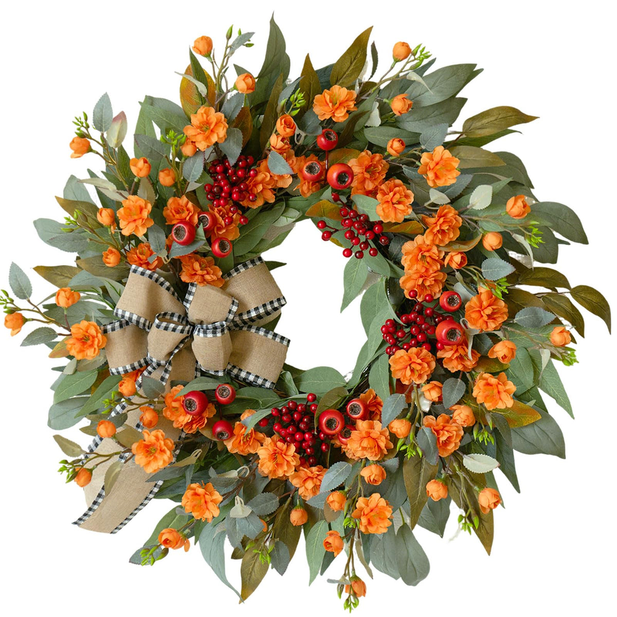 24 Inch Harvest Fall Wreaths for Front Door Outside with Bow & Red Berries