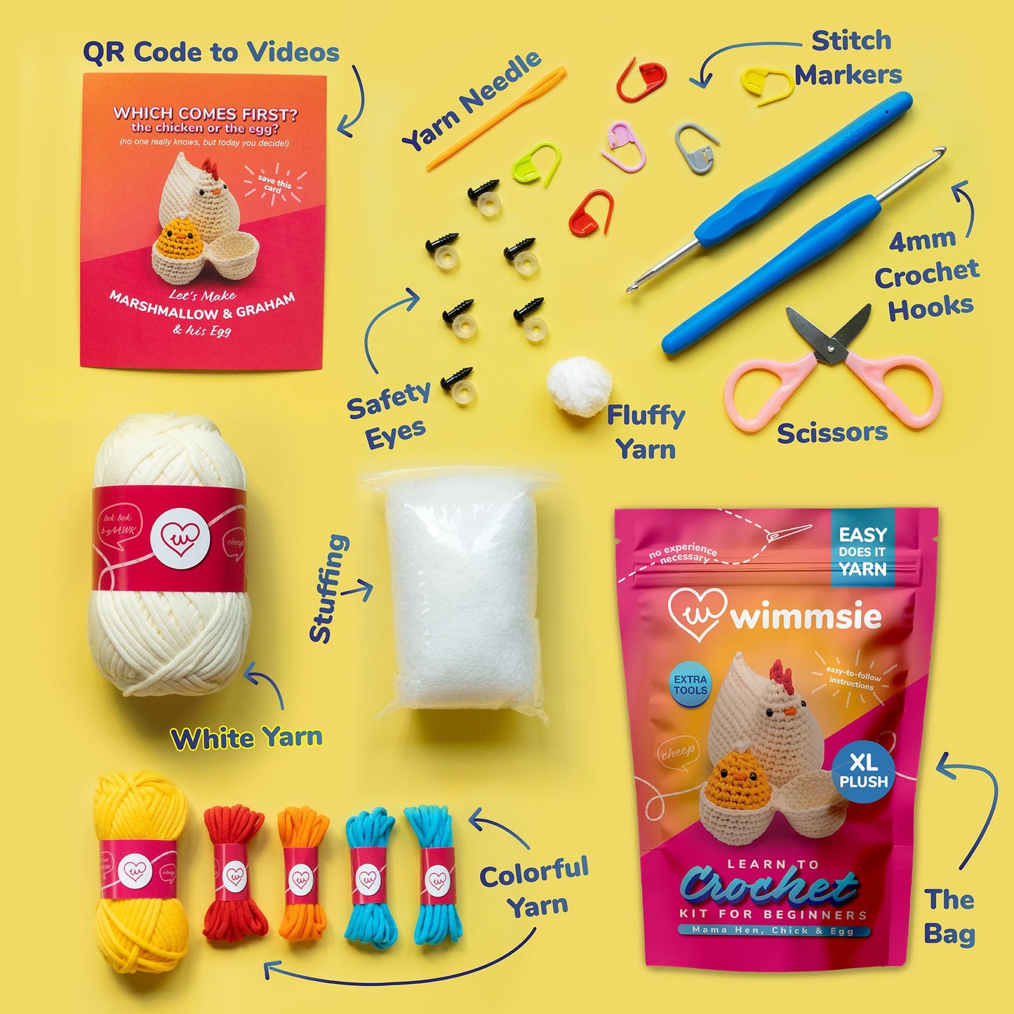 Wimmsie Crochet Animal Kit for Beginners - Easy Beginner Crochet Kit for Kids - Amigurumi Chicken Chick & Egg - 3 Kawaii Stuffed Animals - Cute DIY Yarn Plush