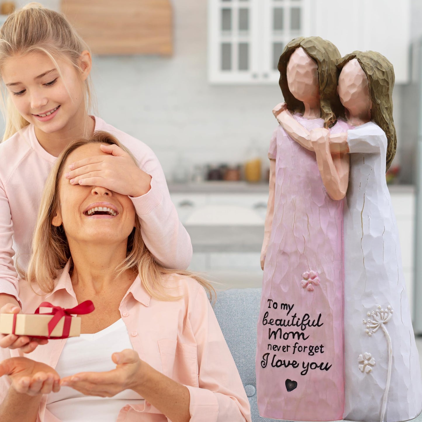 AcowSpt Mother Daughter Gift, Birthday Gifts for Mom from Daughter, Sculpted Hand-Painted Figurine (Pink)