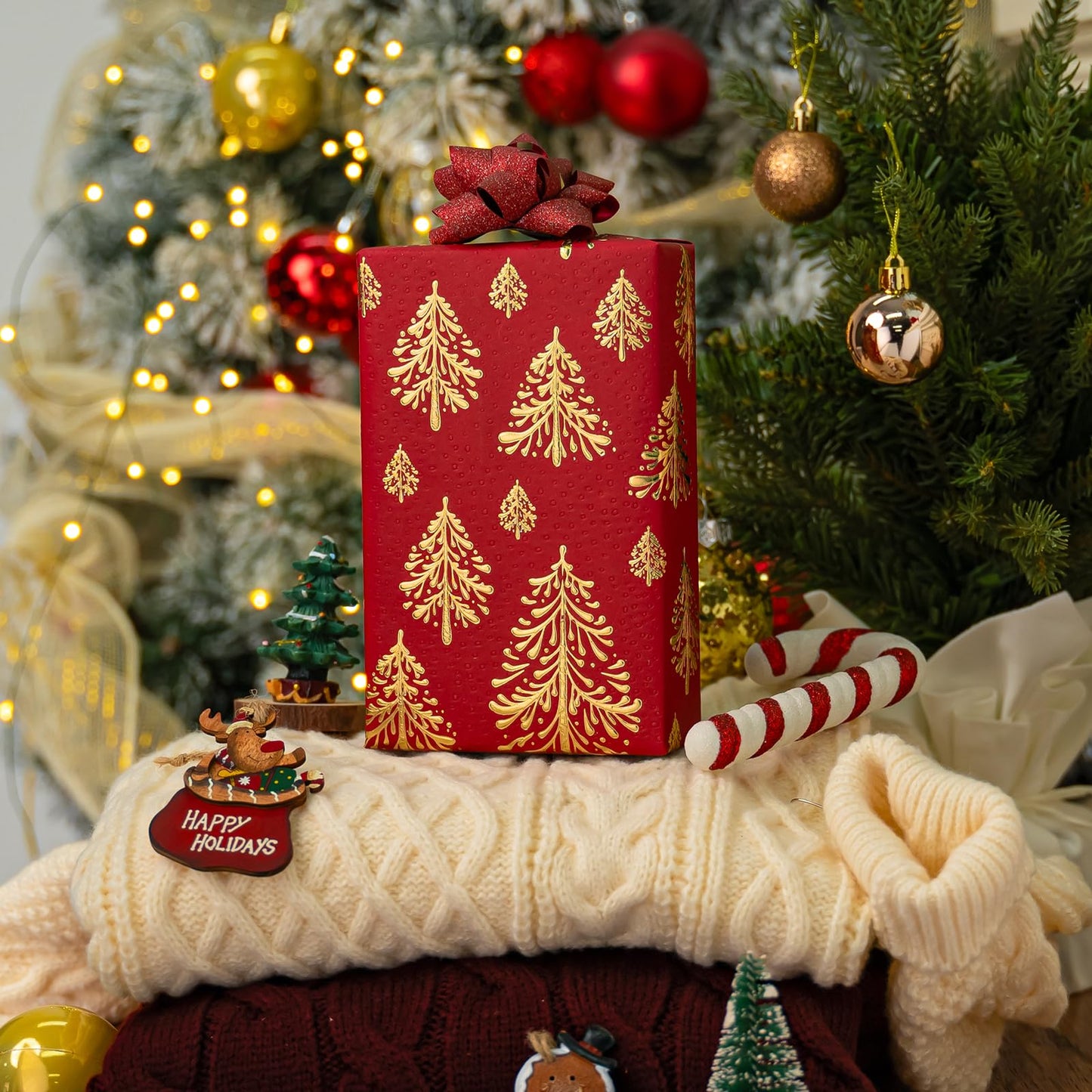 Kraft Christmas Wrapping Paper,Red and Gold 3D Embossed Foil Christmas Trees with Woodlands Wrap Paper for Holiday, Party,Celebration, New Year (17 Inch X 32.8 Feet)