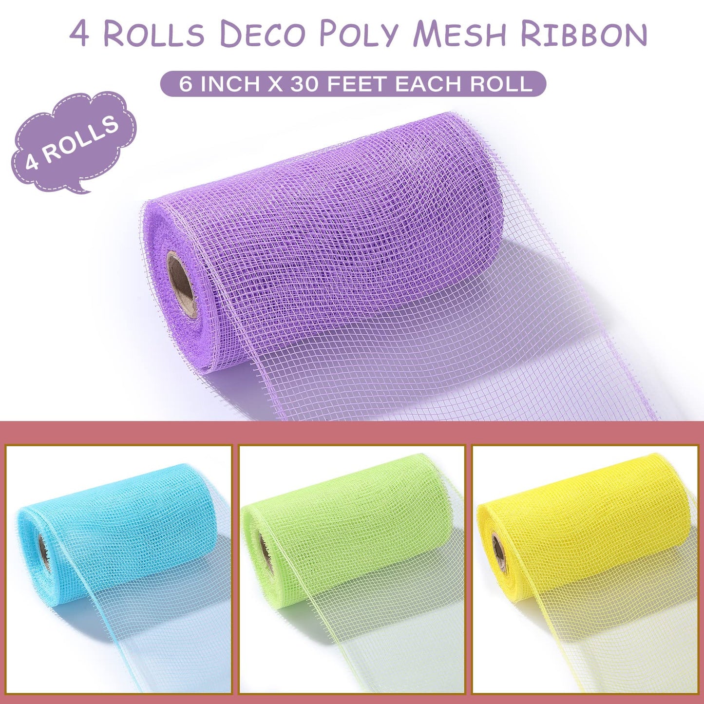 4 Rolls Easter Decor Mesh Ribbon Making Supplies Poly Mesh Ribbon for Halloween Craft Wreaths Decorating 30 Feet Each Roll(6 Inch Wide,Yellow, Green, Blue, Purple)