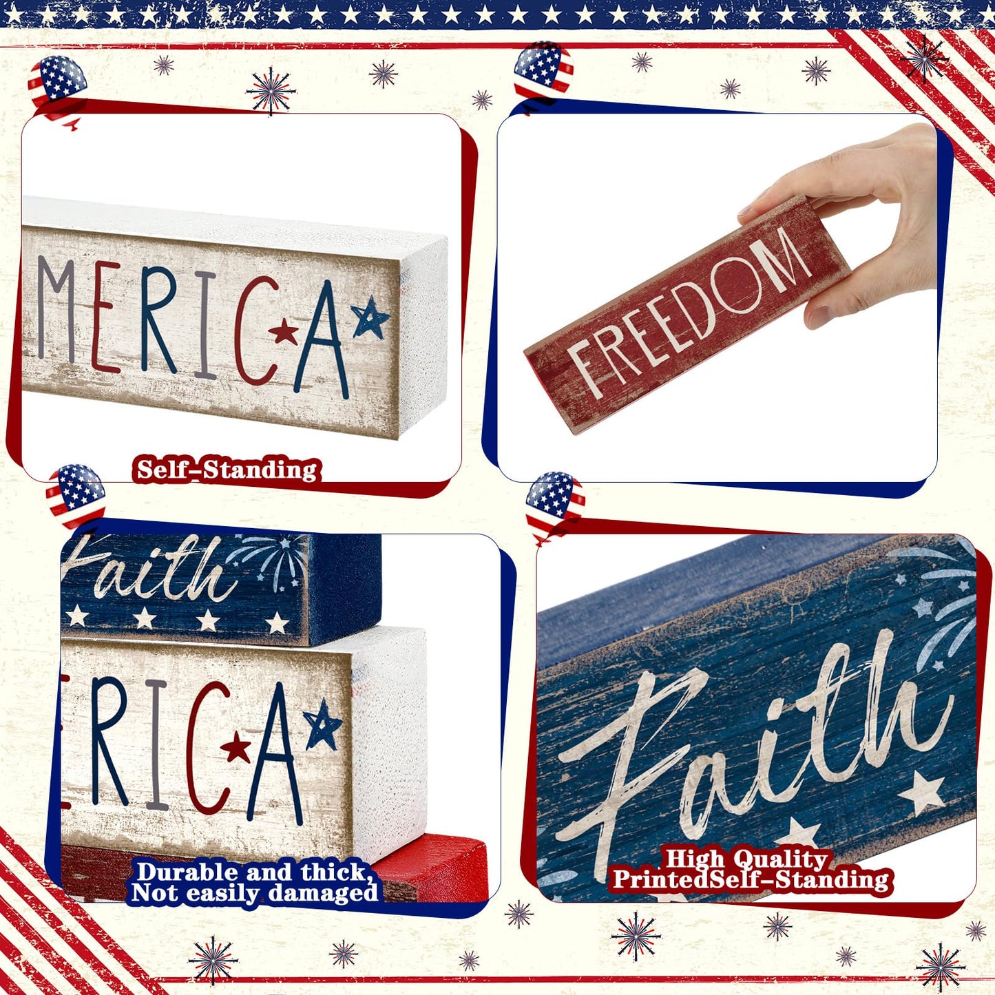 CroBlissful 4 Pcs 4th of July Decorations Patriotic Memorial Day Tabletop Decorations Red White Blue Table Centerpieces Sign for Office Tiered Tray Home Shelf 250th Anniversary(Independence Day Hat)