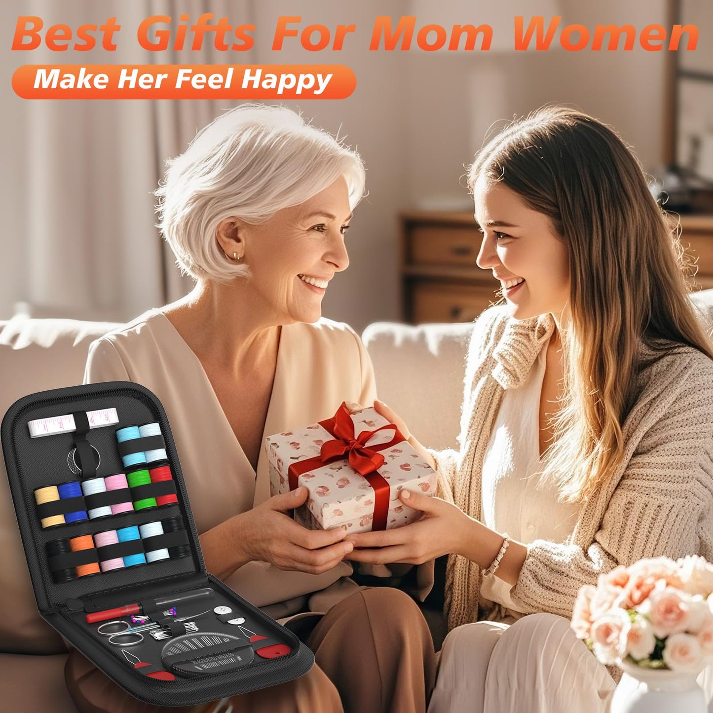 Sewing Kit Christmas Gifts for Grandma, Mom, Adults, Kids, Beginner, Traveler, Emergency, Portable Sewing Supplies Contains Soft Tape Measure, Scissors, Thread, Sewing Needle etc(Black, S)