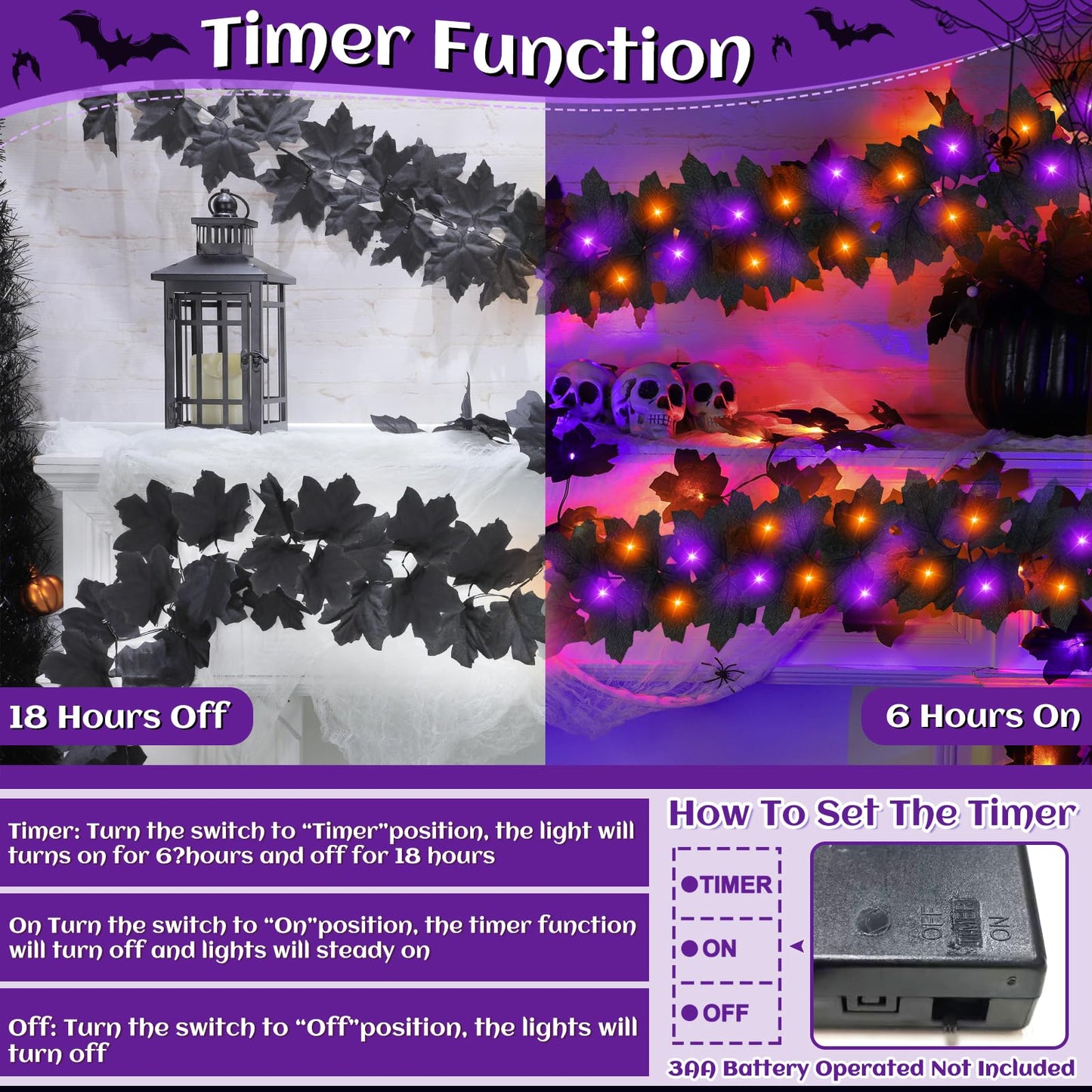 Timer & 3 Pack - Halloween Garland with Lights Total 18Ft 78LED Orange & Purple Lights Battery Operated Lighted Black Maples Leaves Garland Halloween Decorations Indoor Outdoor Mantle Home Door Stairs