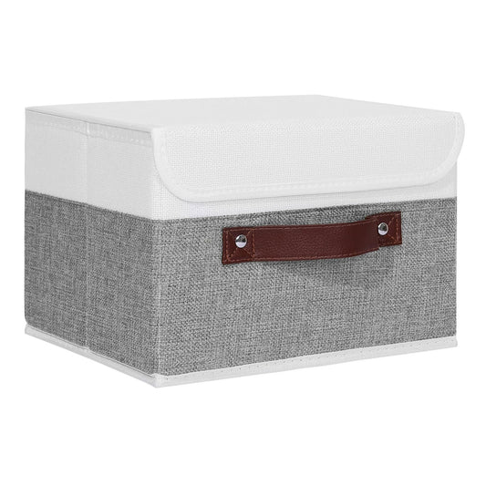 ANMINY Storage Boxes with Lids Washable Decorative Storage Bins Basket with PU Leather Handle Foldable Linen Fabric Storage Cubes Containers for Home Closet Organizer - Gray White, Small Size